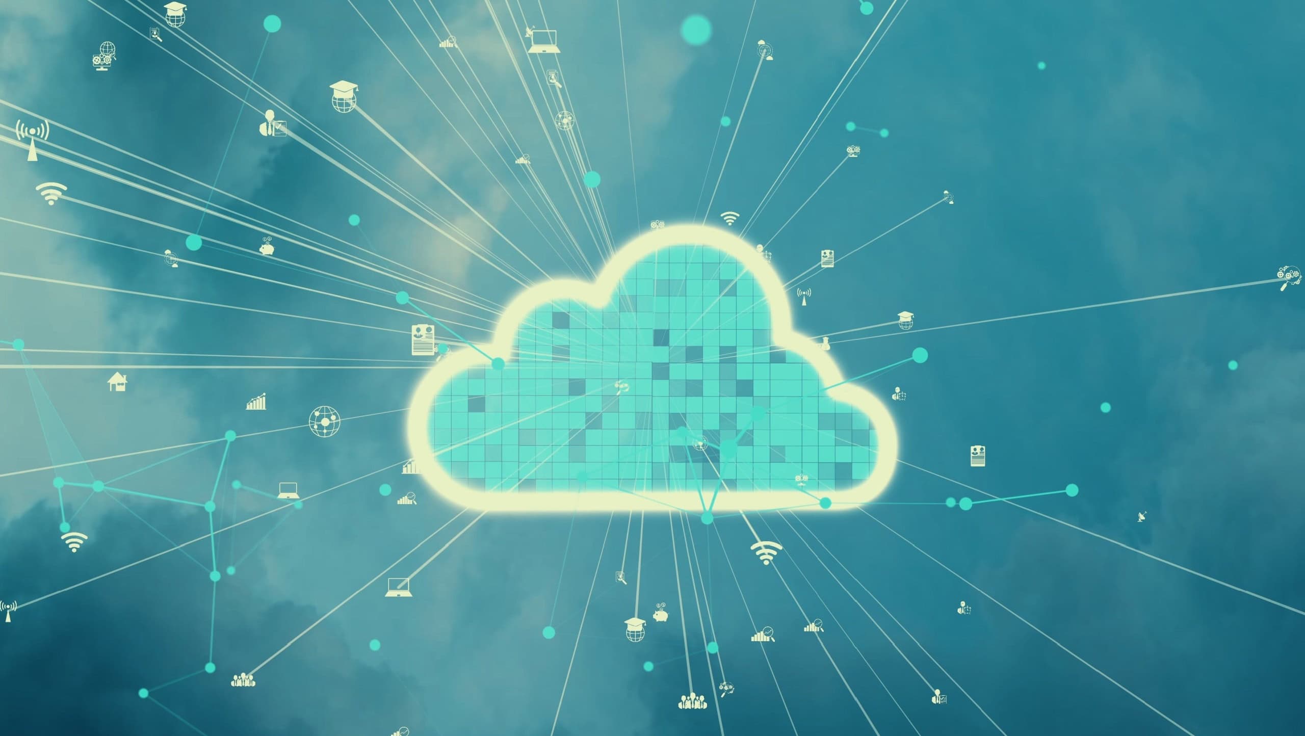 Cloud computing technology and online data storage for alteration data sharing . Computer connects to internet network server service for cloud data transfer shown in 3D futuristic graphic interface .