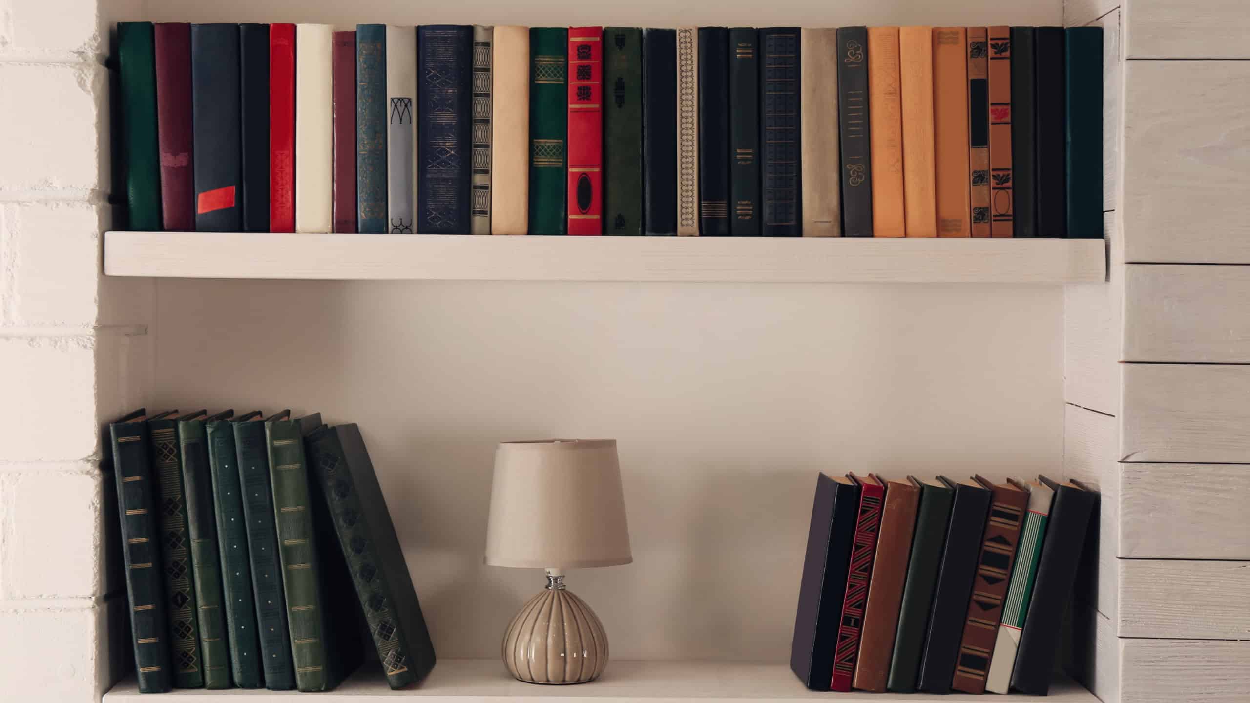 Shelves with different books and lamp on light wall