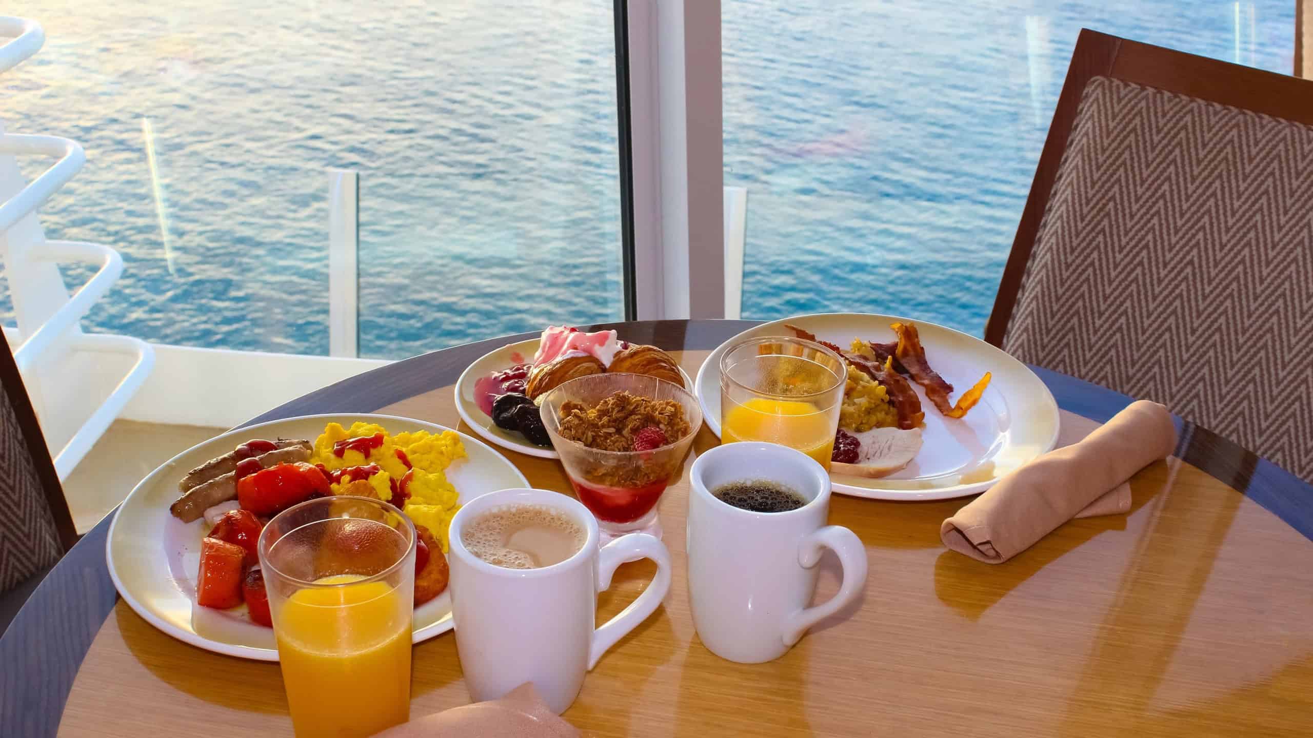 Dining Room Buffet aboard the abstract luxury cruise ship. Healthy breakfast at modern liner concept