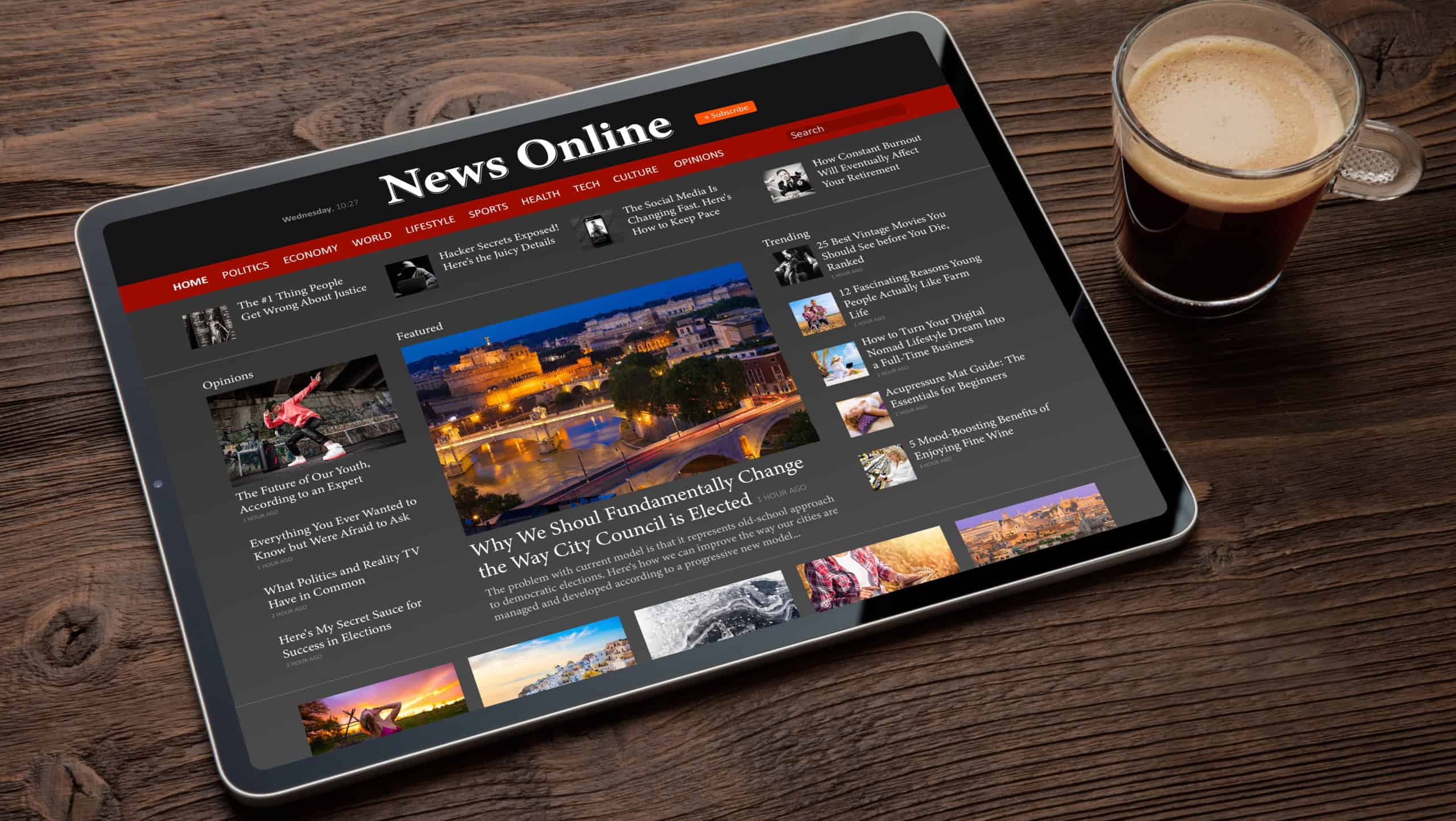 Sample news website shown on digital tablet