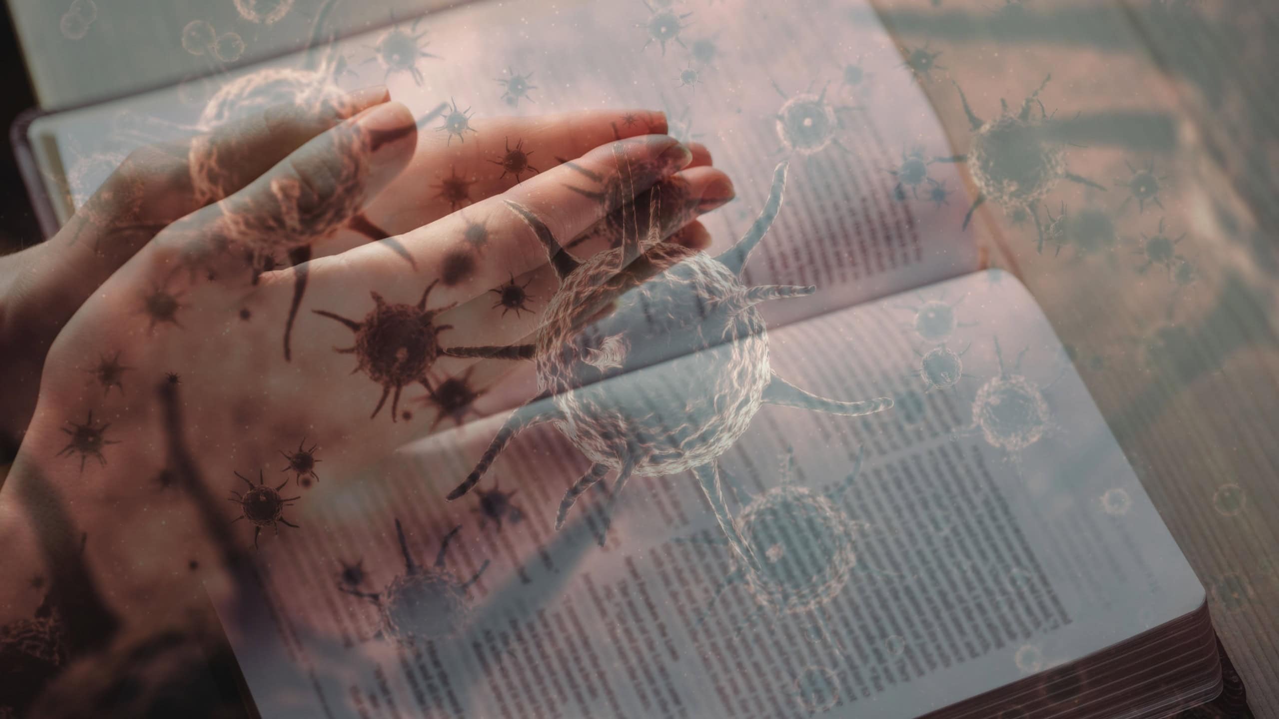 Digital illustration of macro Covid-19 cells floating over Caucasian hands praying and the Bible, praying. Religious faith in time of coronavirus global pandemic concept, digital composite.