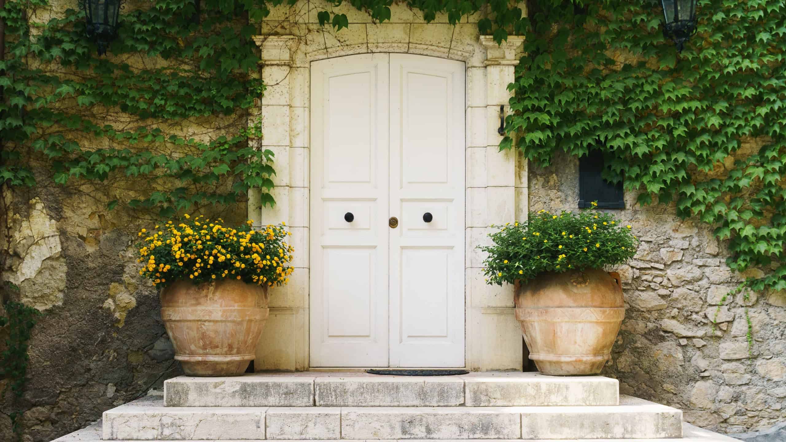 Beautiful white doors with decorative green plants and flowers near the house's stone walls. Summer vacations inSessa Aurunca, Province of Caserta, Italy. Journey concept.