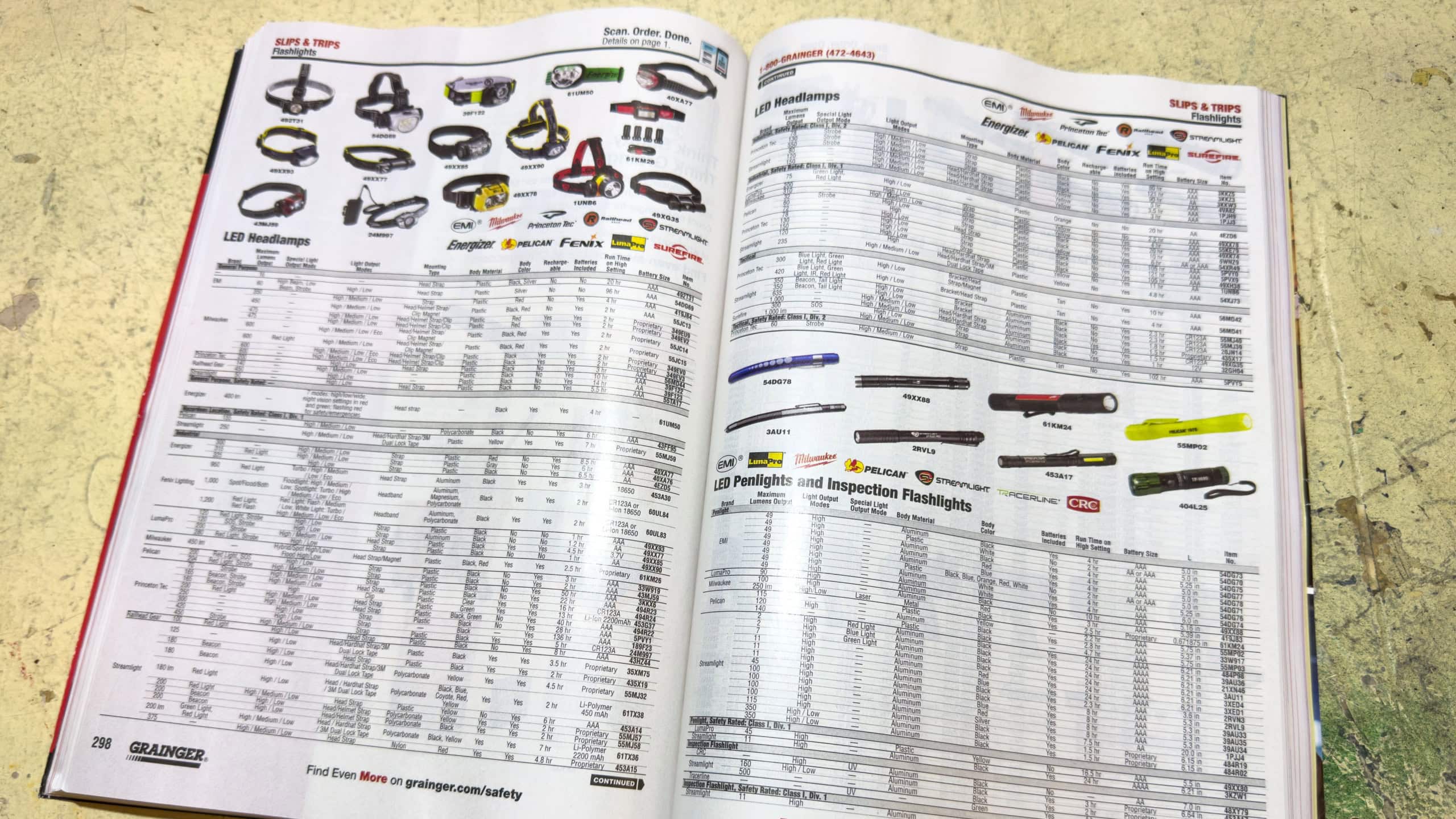 Los Angeles, CA - June 5, 2023: Open Grainger printed catalog on a work table with page selection of various flashlights.