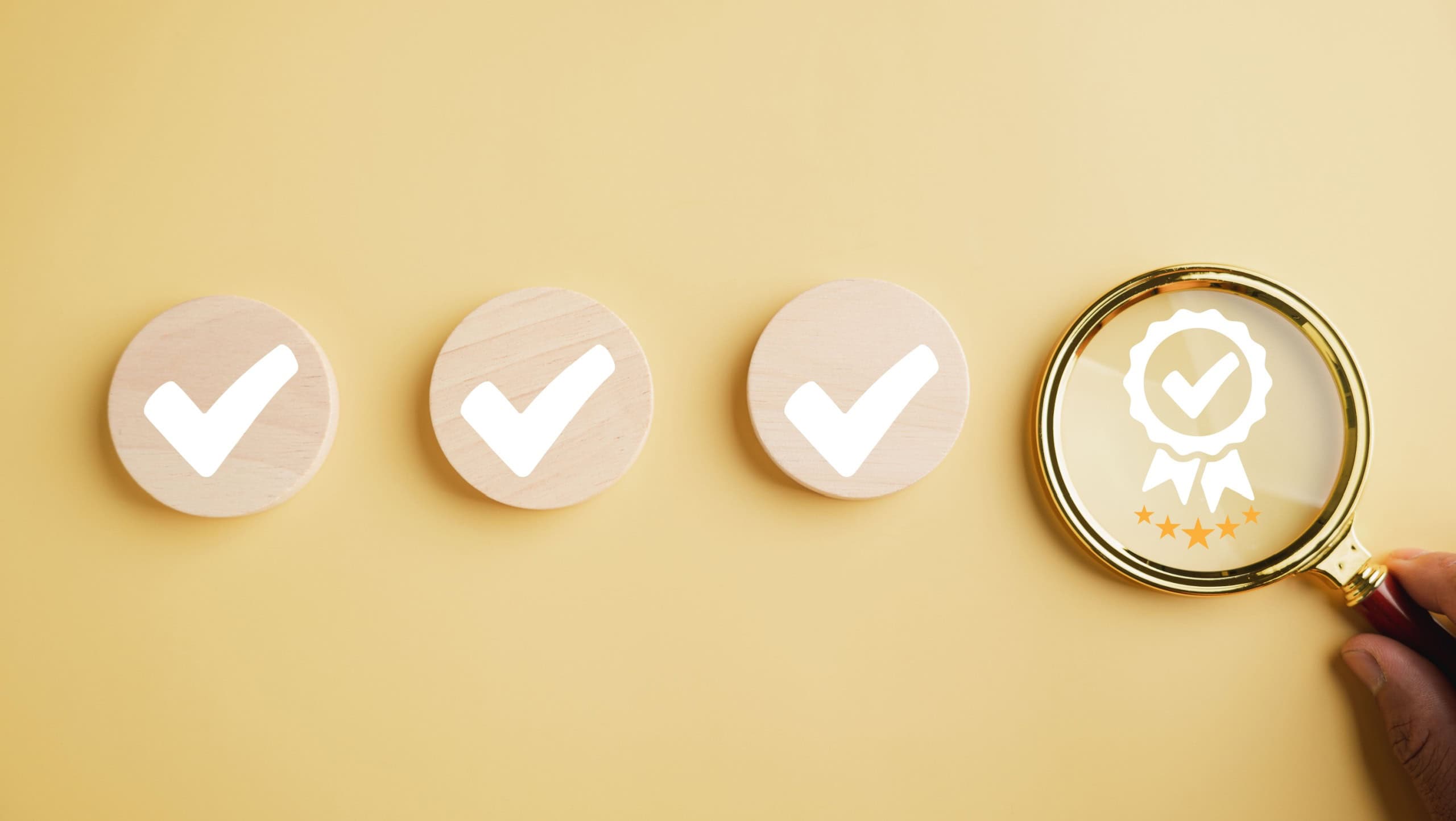 Magnifying glass focuses on five-star and quality warranty icon, symbolizing quality assurance, ISO certification, and standardization concept. Representing excellence and customer satisfaction.