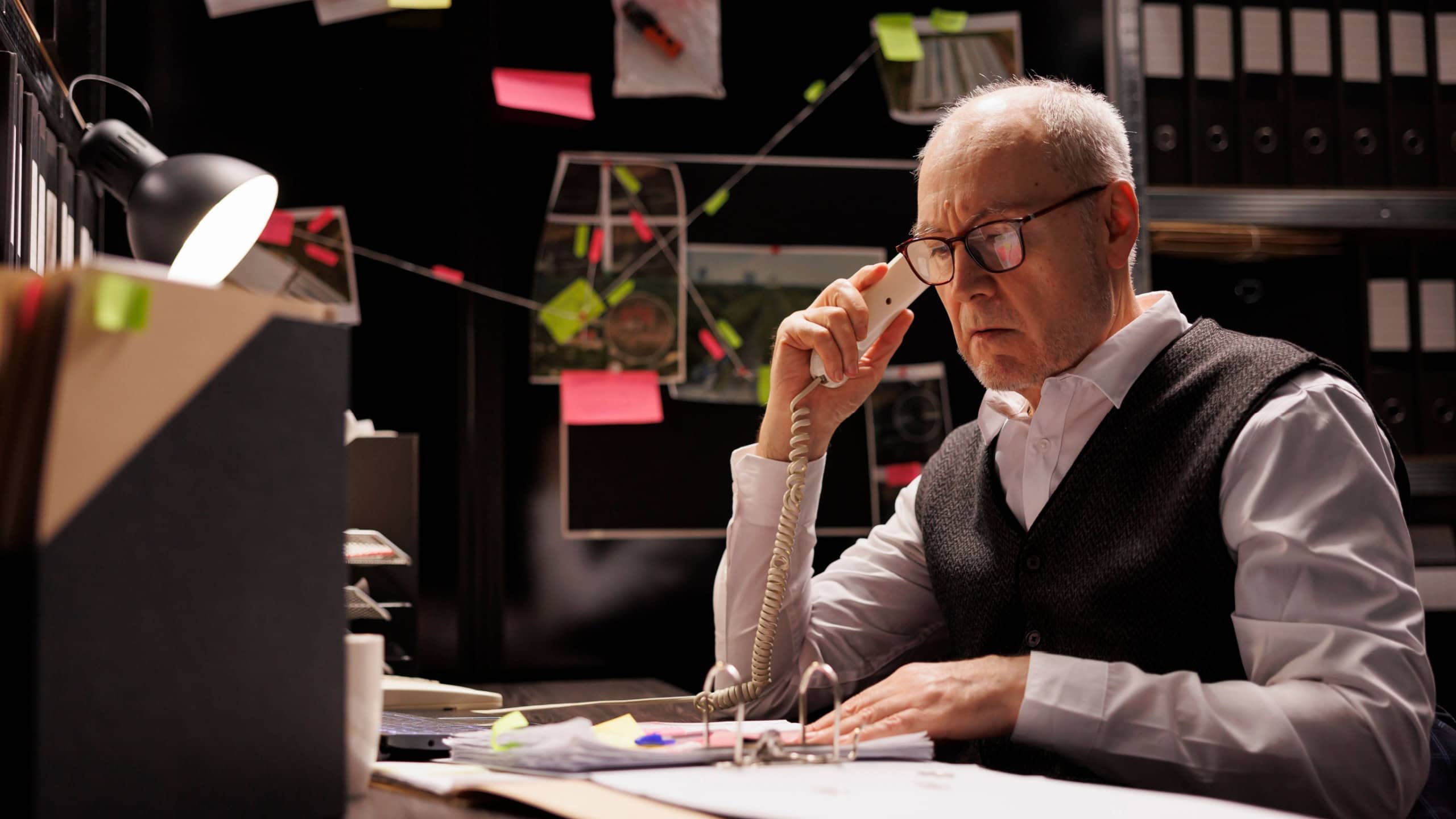 Elderly police officer thinking at solution to catch supect, working overhours at criminal case in dark room.