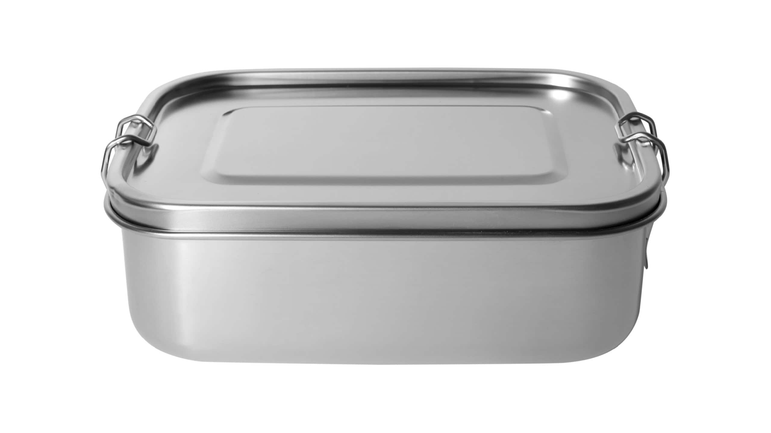 Stainless steel food container isolated on white background.