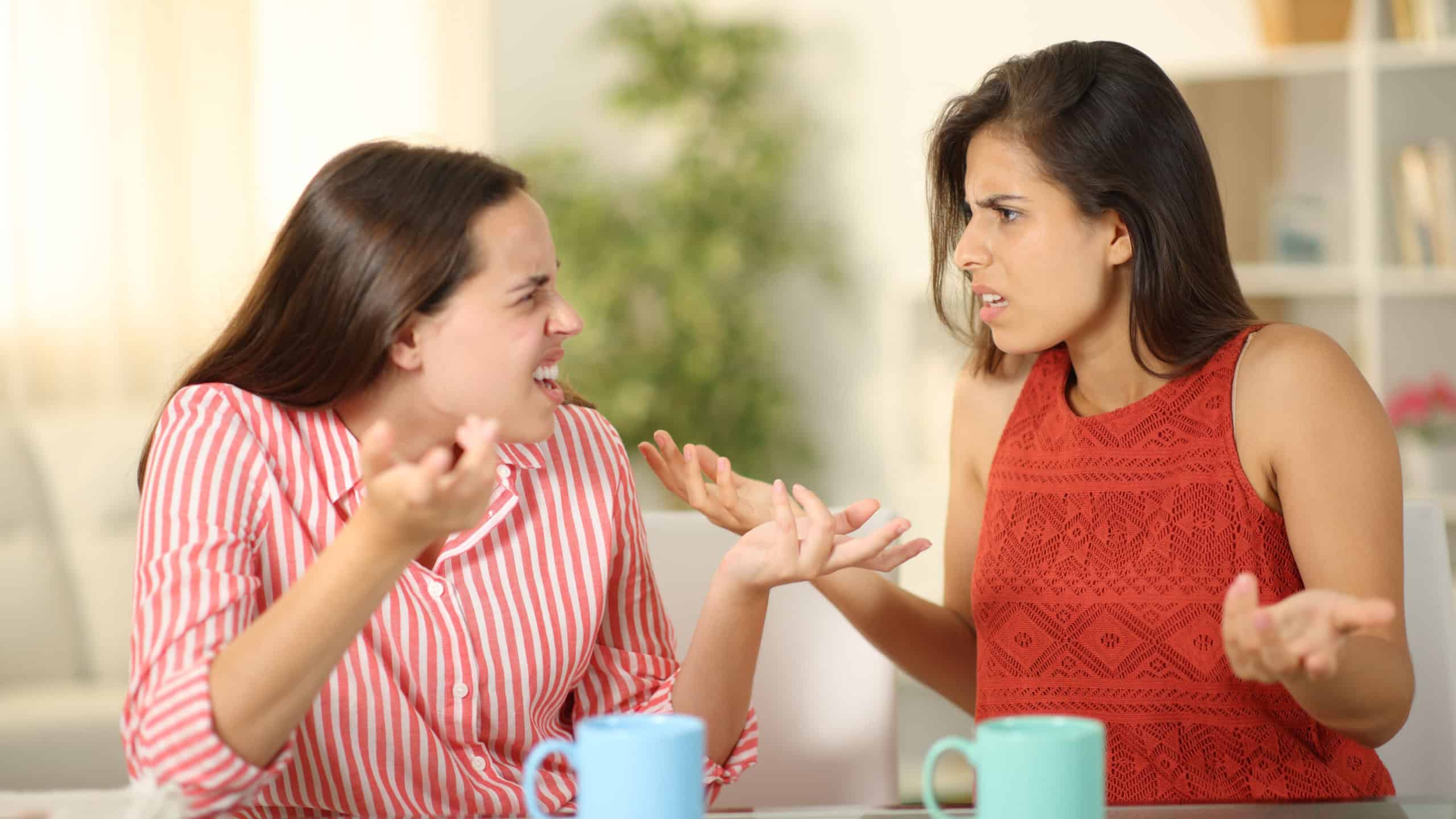 Two angry women at home arguing at coffee break
