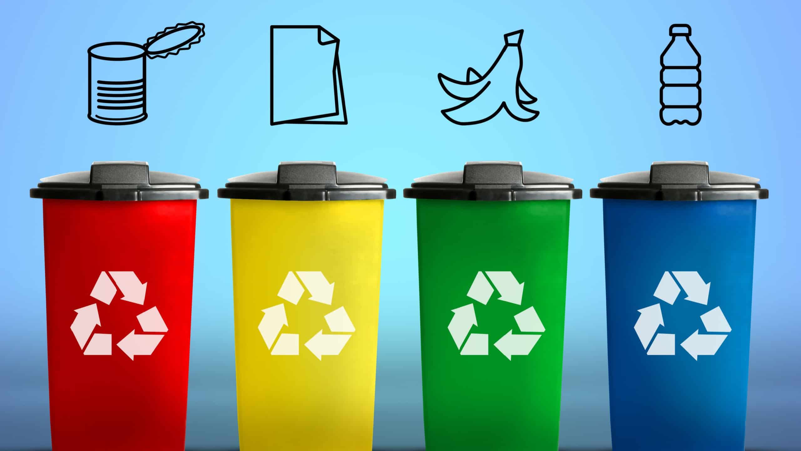 Waste sorting. Illustrations of different garbage types over recycling bins on light blue background