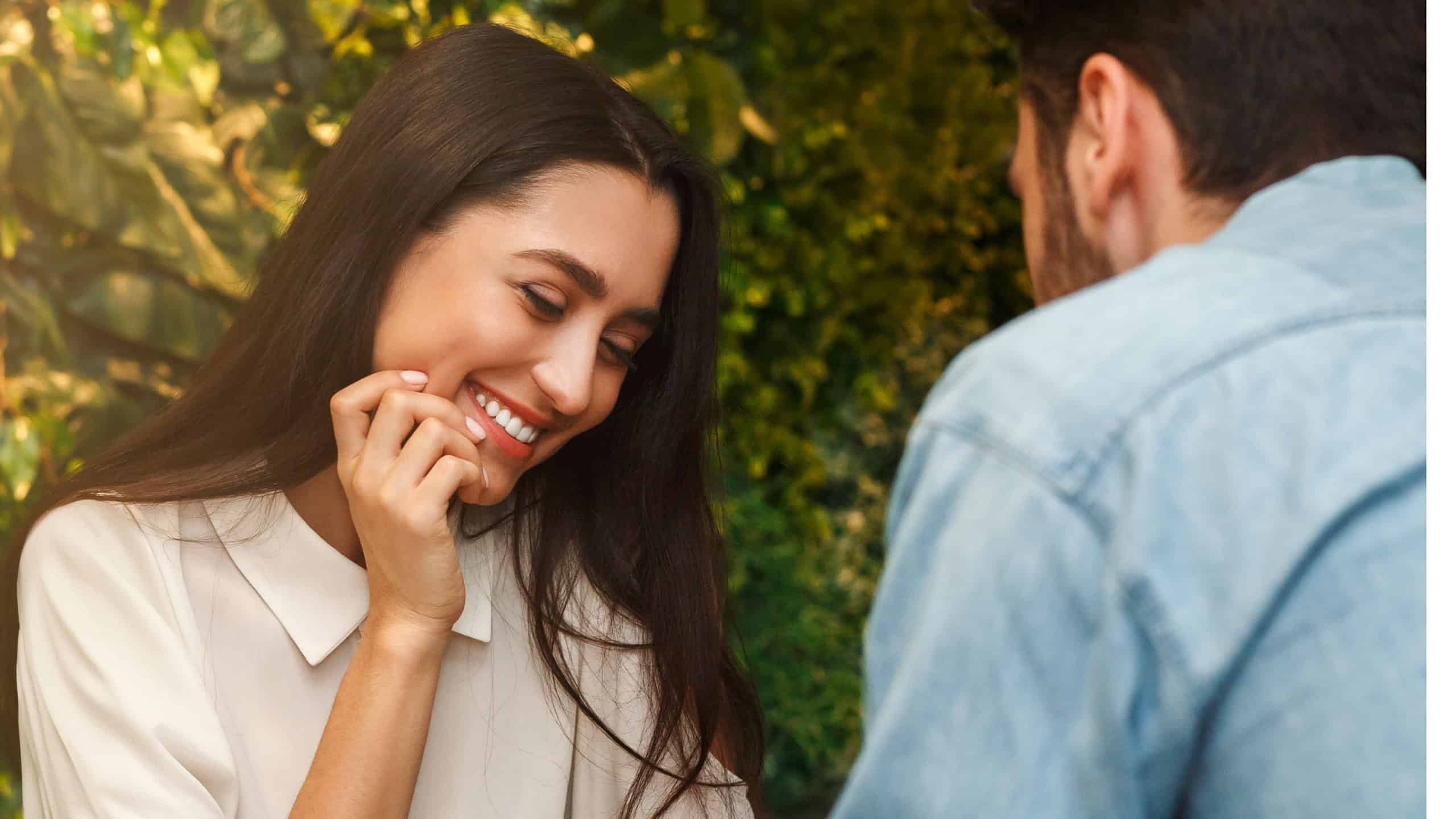 First Date. Pretty Girl In Love Laughing Flirting With New Boyfriend Sitting In Cafe. Selective Focus