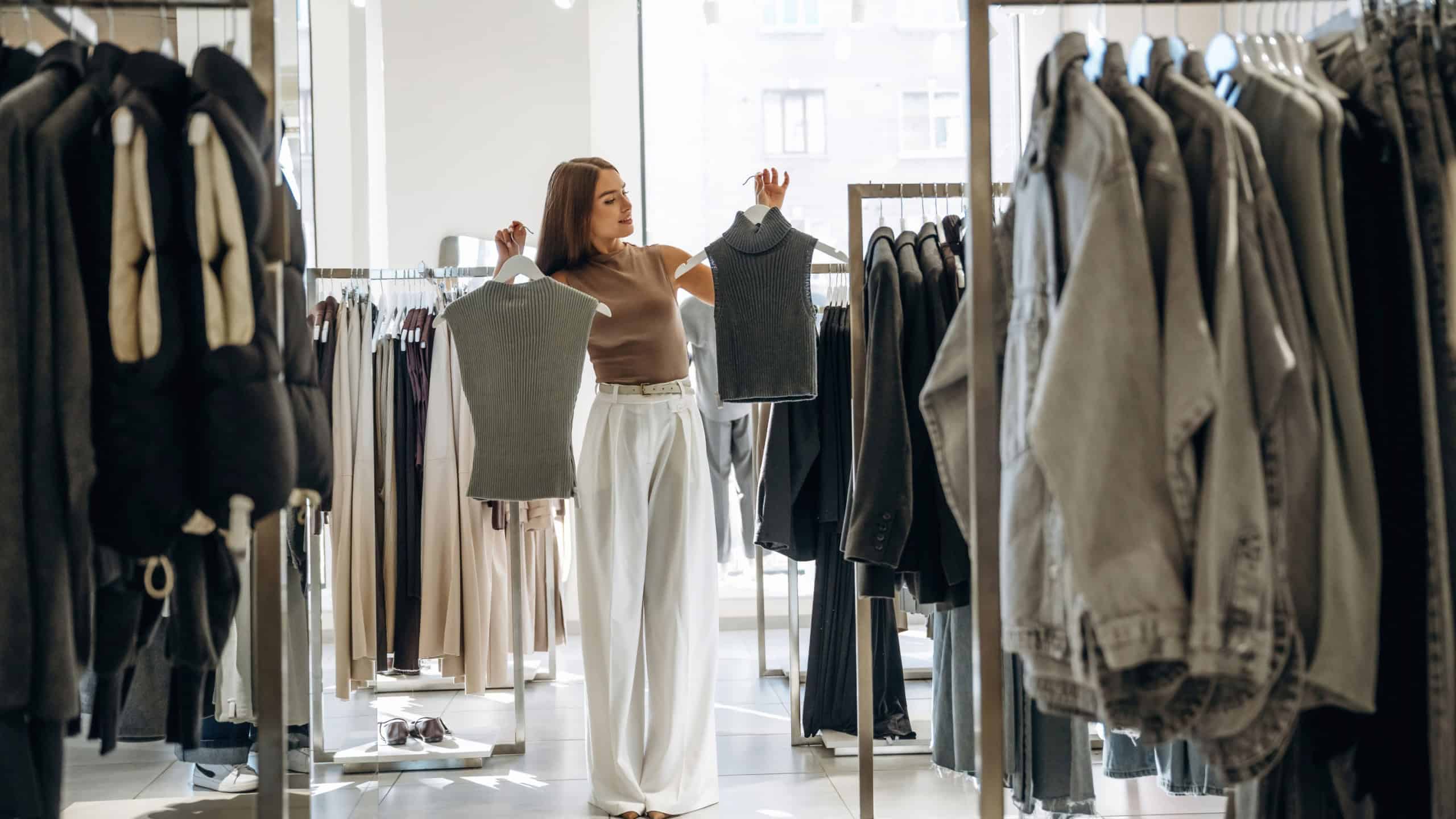 Front view, holding wear. Woman chooses clothes in retail store.