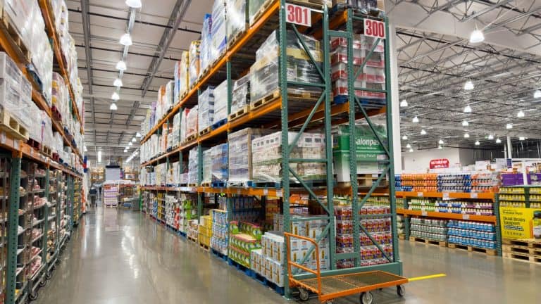 Los Angeles, CA - November 5, 2025: Costco Bulk Warehouse Aisle With Tall Storage Racks.