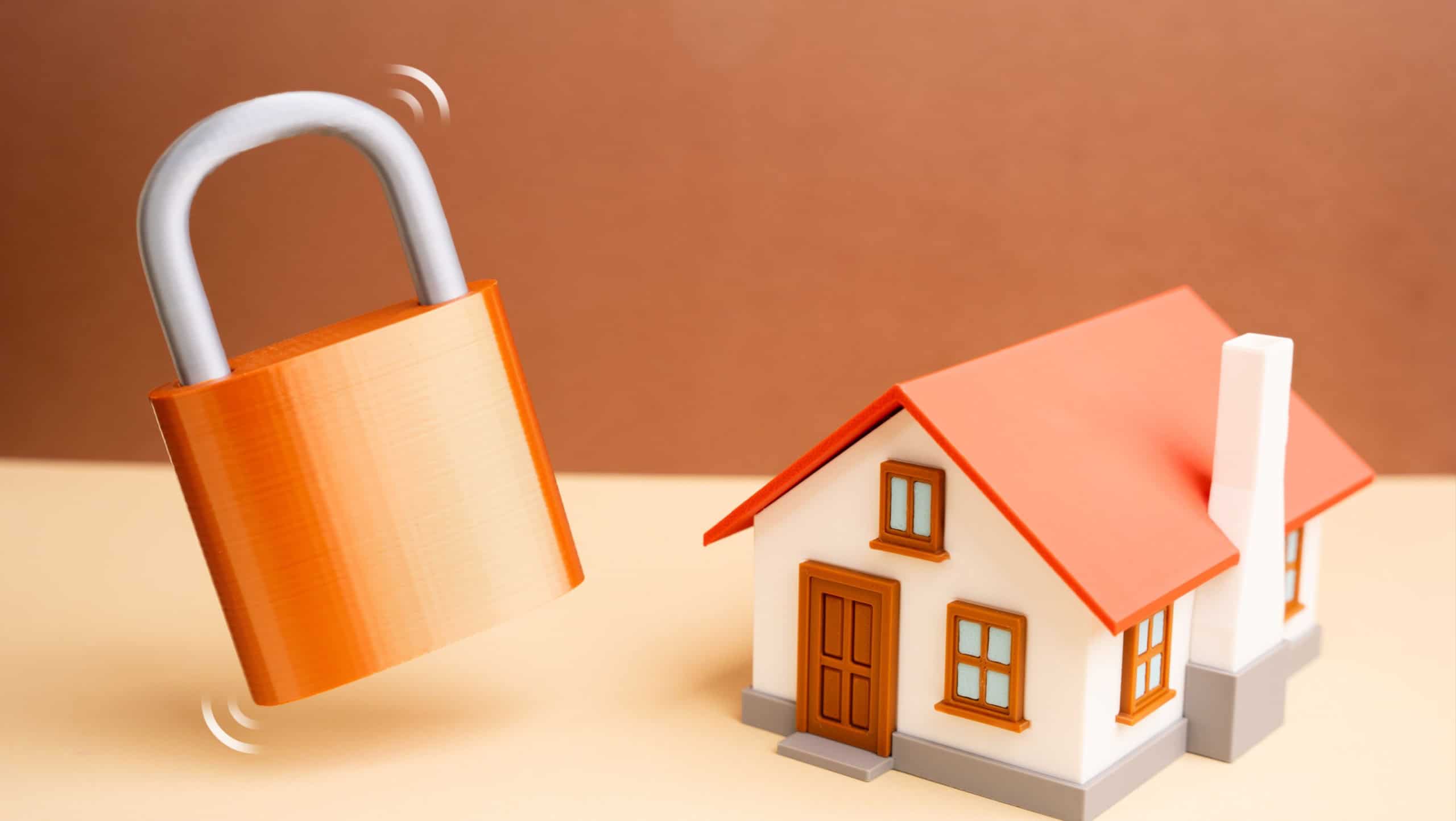 Private home with a padlock symbolizes property security and protection. Safety measures ensure ownership rights. Risk prevention, surveillance, and home protection systems support