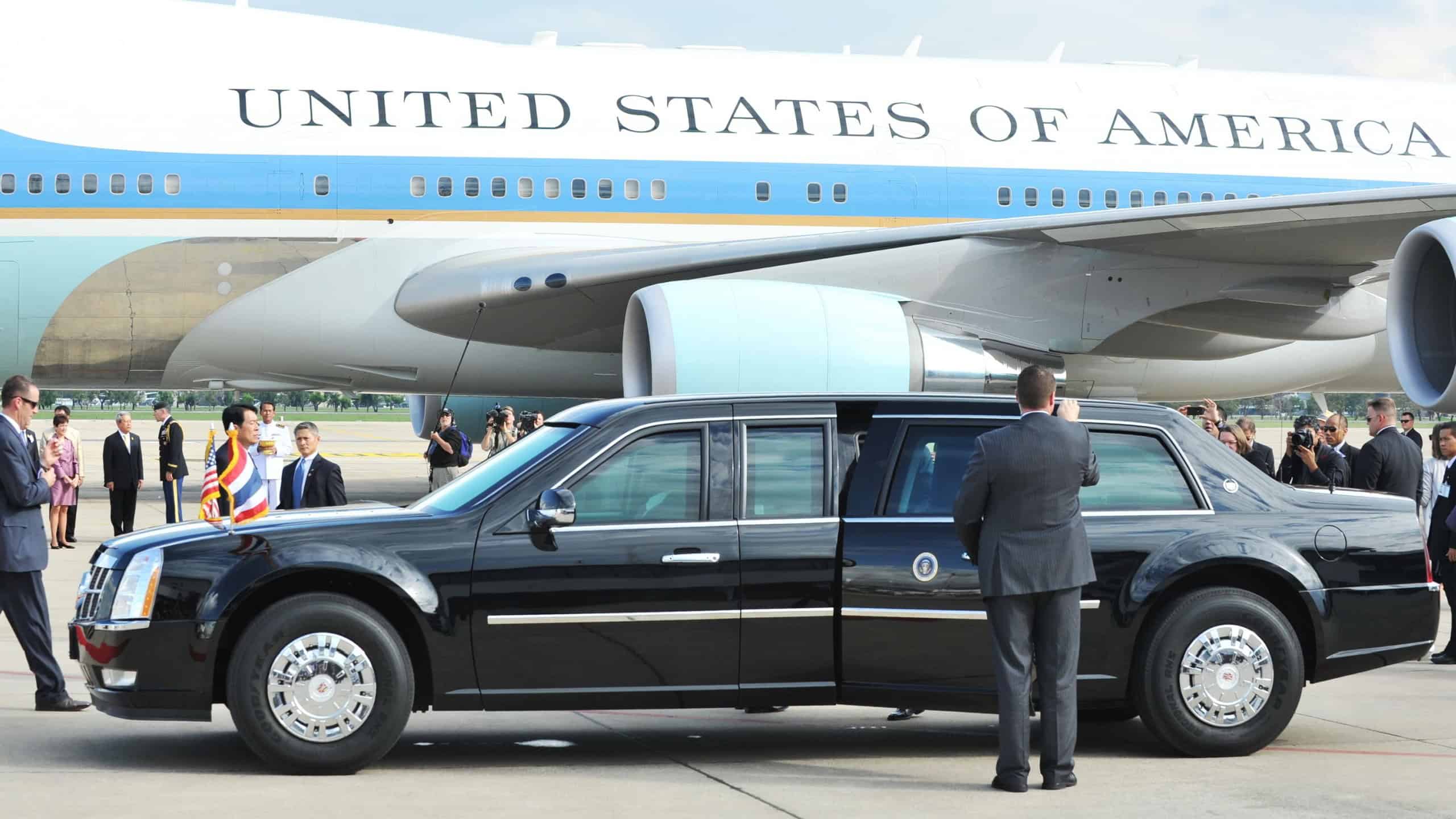residential State Car waits by Air Force One on tarmac