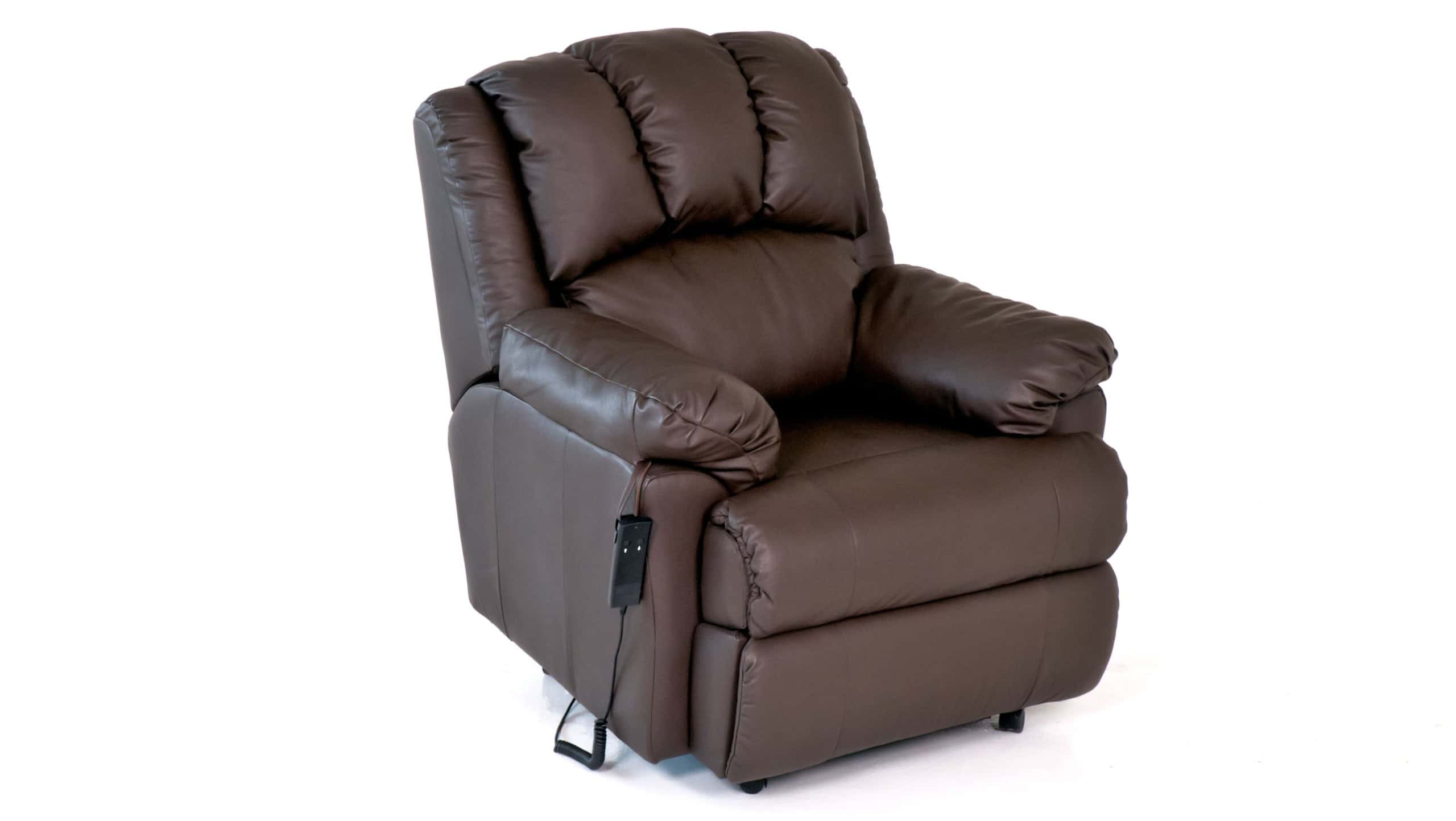 Brown reclining leather chair with controls on white background