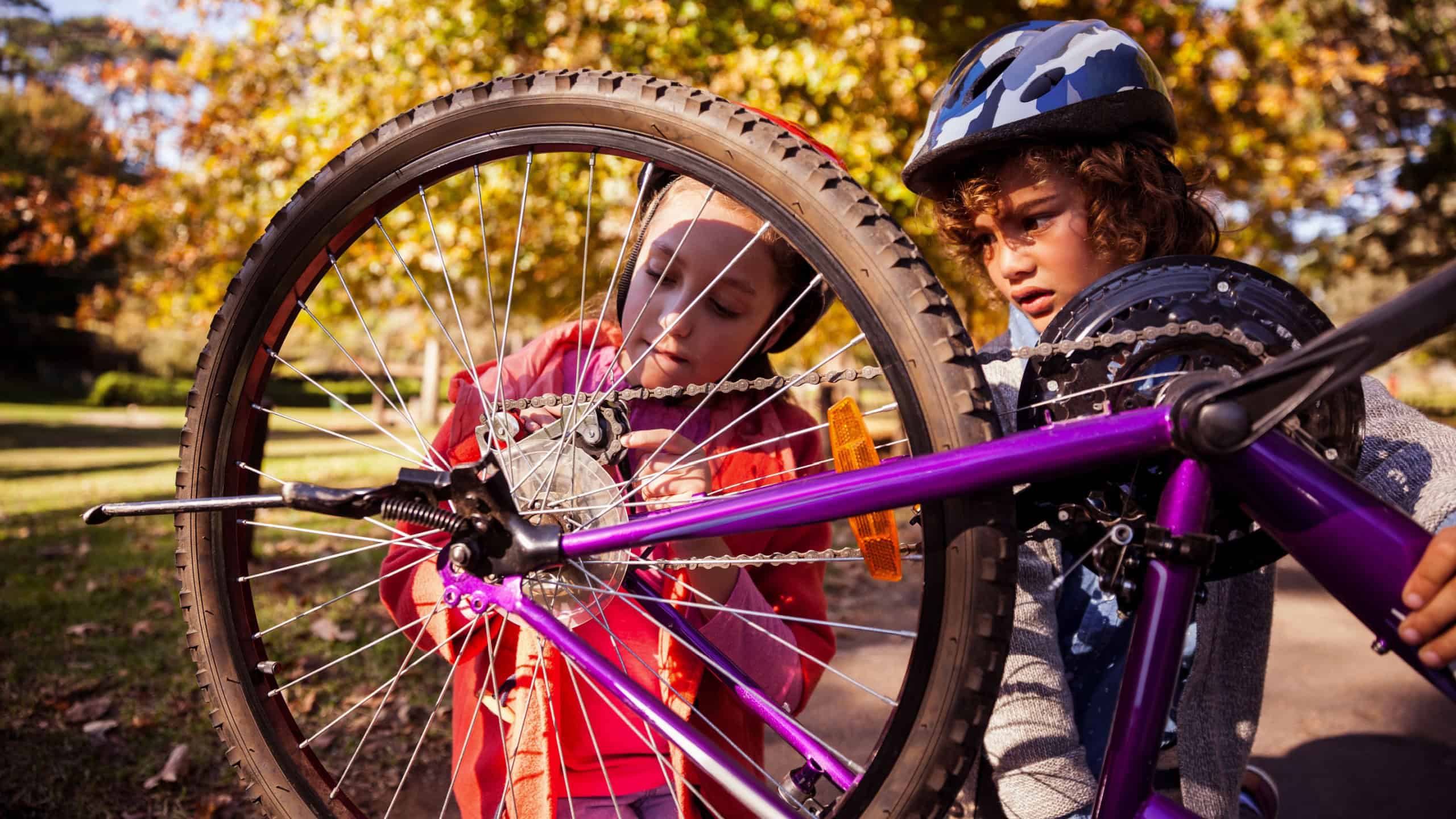 Concentrated siblings repairing mountain bike in park