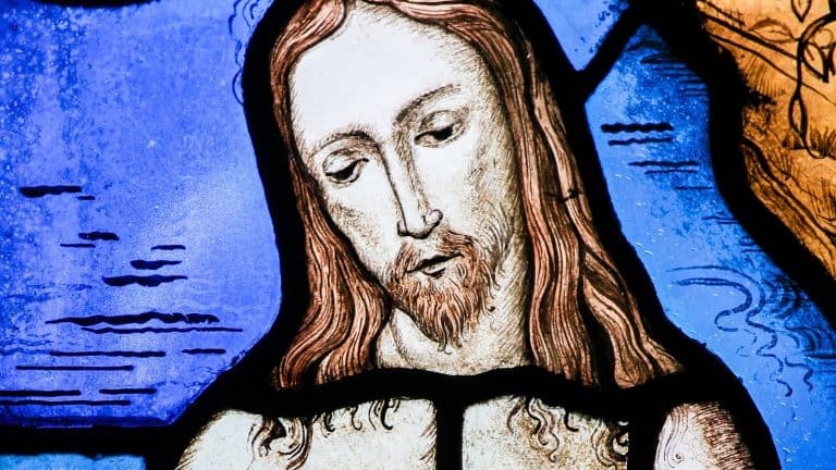 TERVUREN, BELGIUM - MARCH 13, 2017: Stained Glass in the Church of Tervuren, Belgium, depicting Jesus Christ