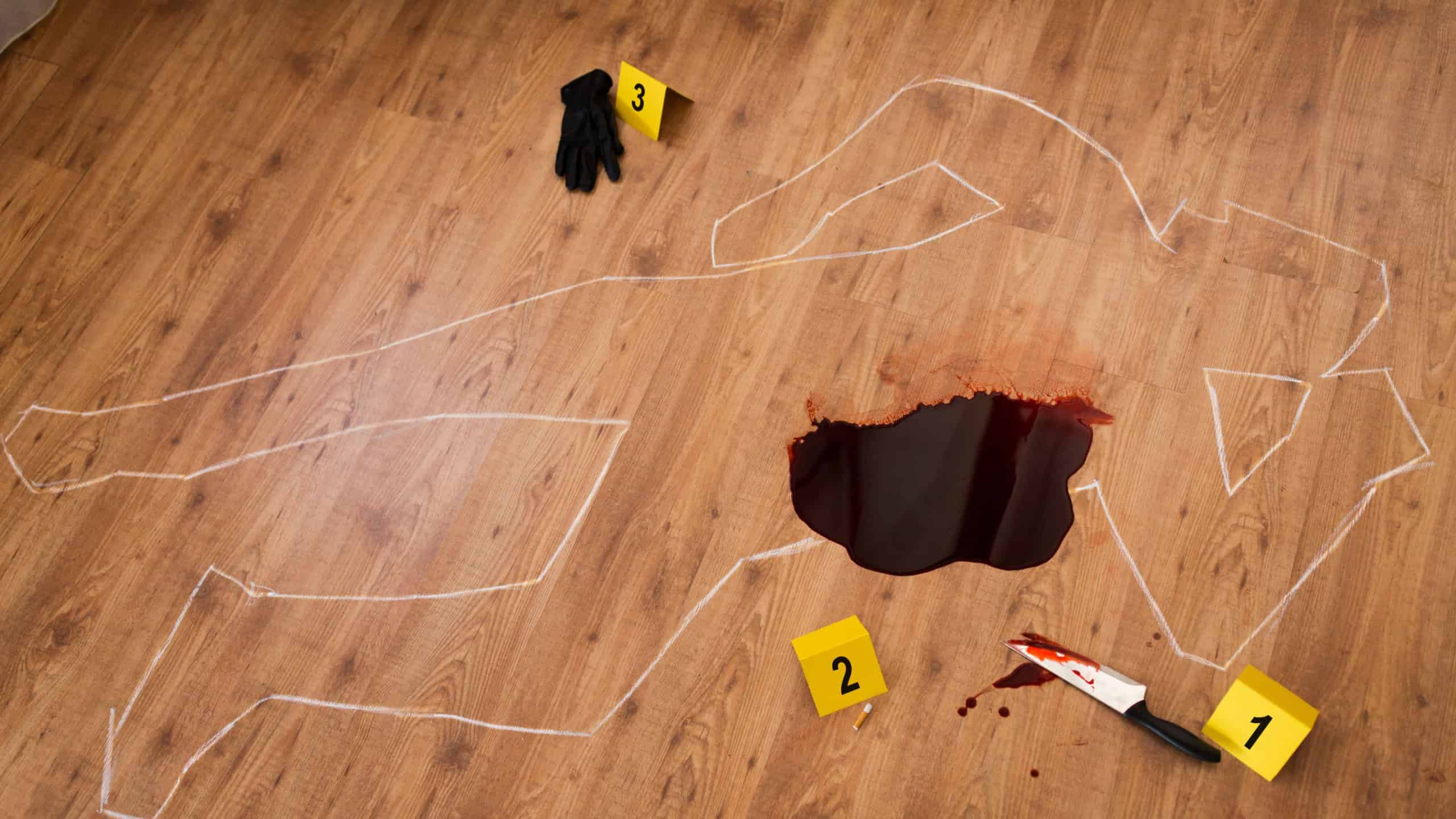 murder, kill and forensic evidence concept - chalk outline of body and knife in blood lying on floor at crime scene