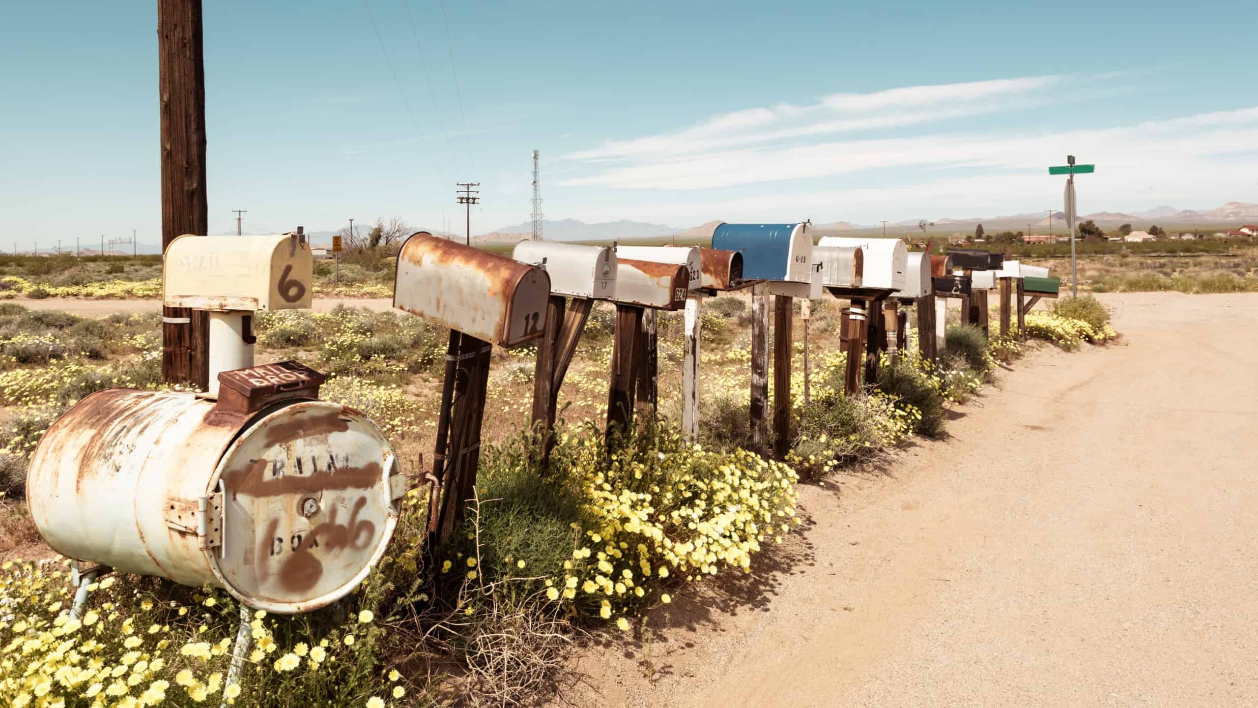 Row of old U.S.mail boxes along Route 66, California, USA