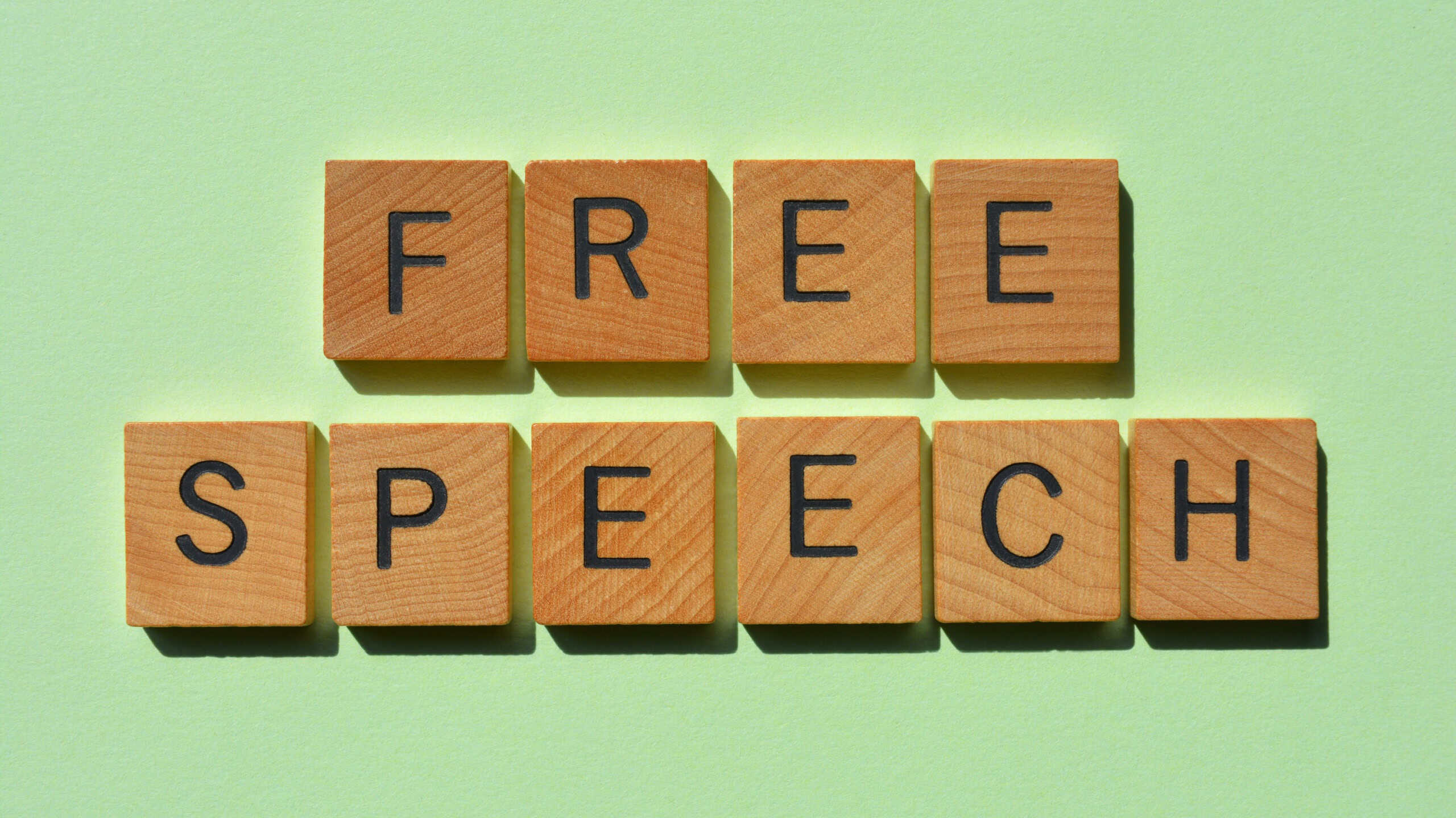 Free Speech, words in wooden alphabet letters isolated on green background