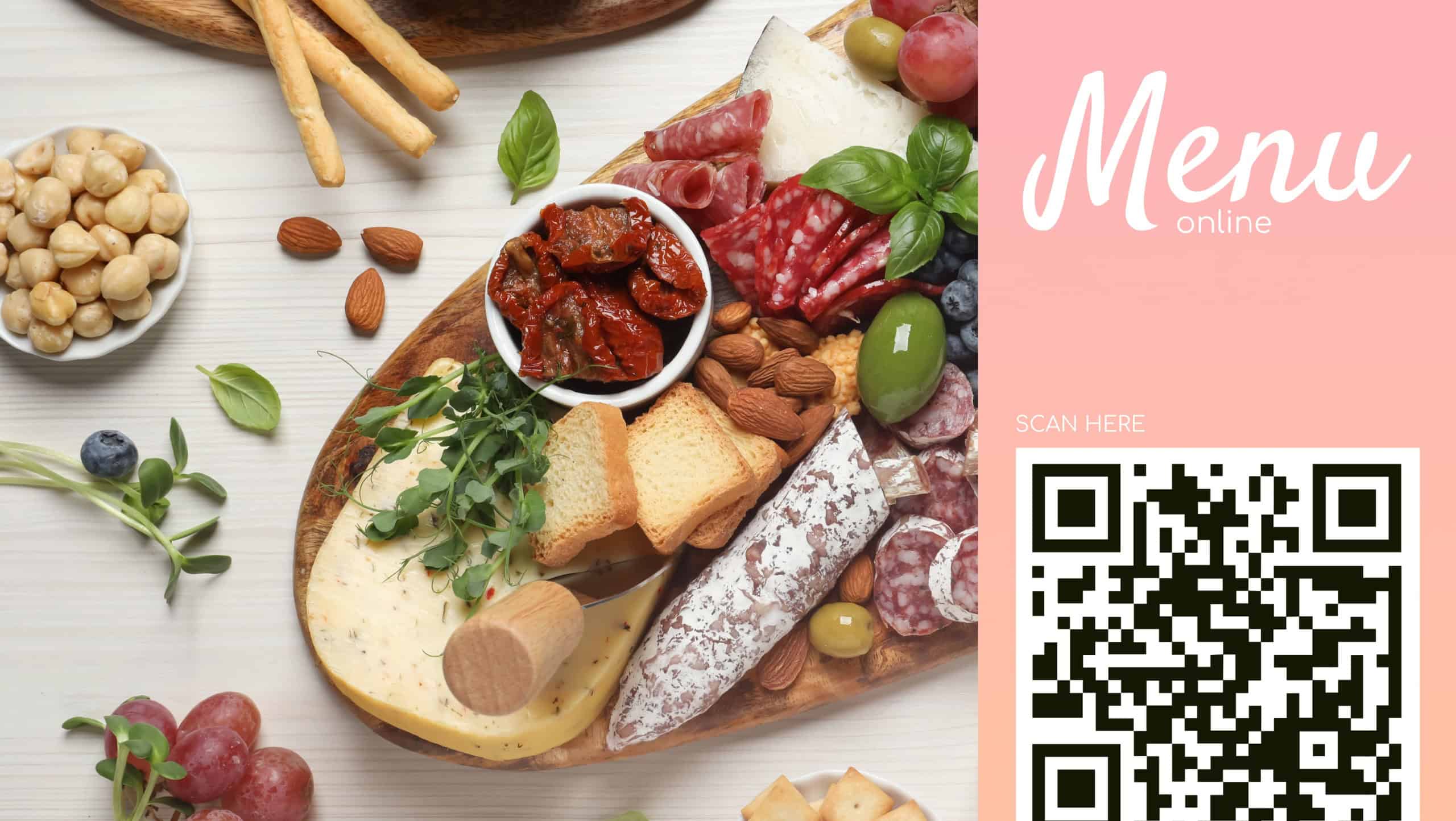 Scan QR code for contactless menu. Set of different delicious appetizers served on white wooden table, flat lay