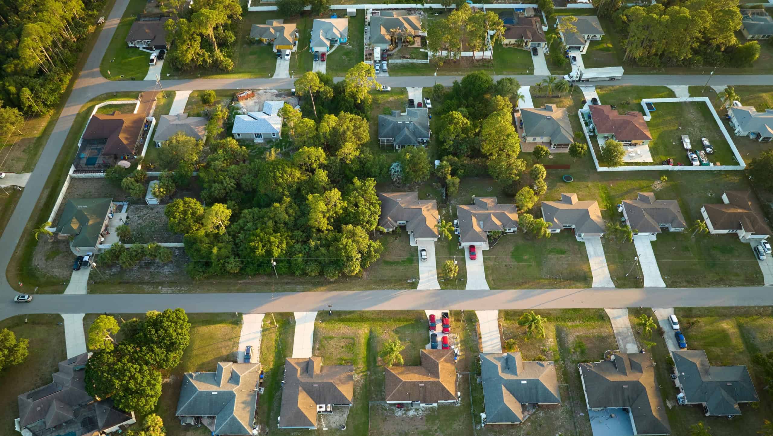 Aerial view of suburban landscape with private homes between green palm trees in Florida quiet residential area