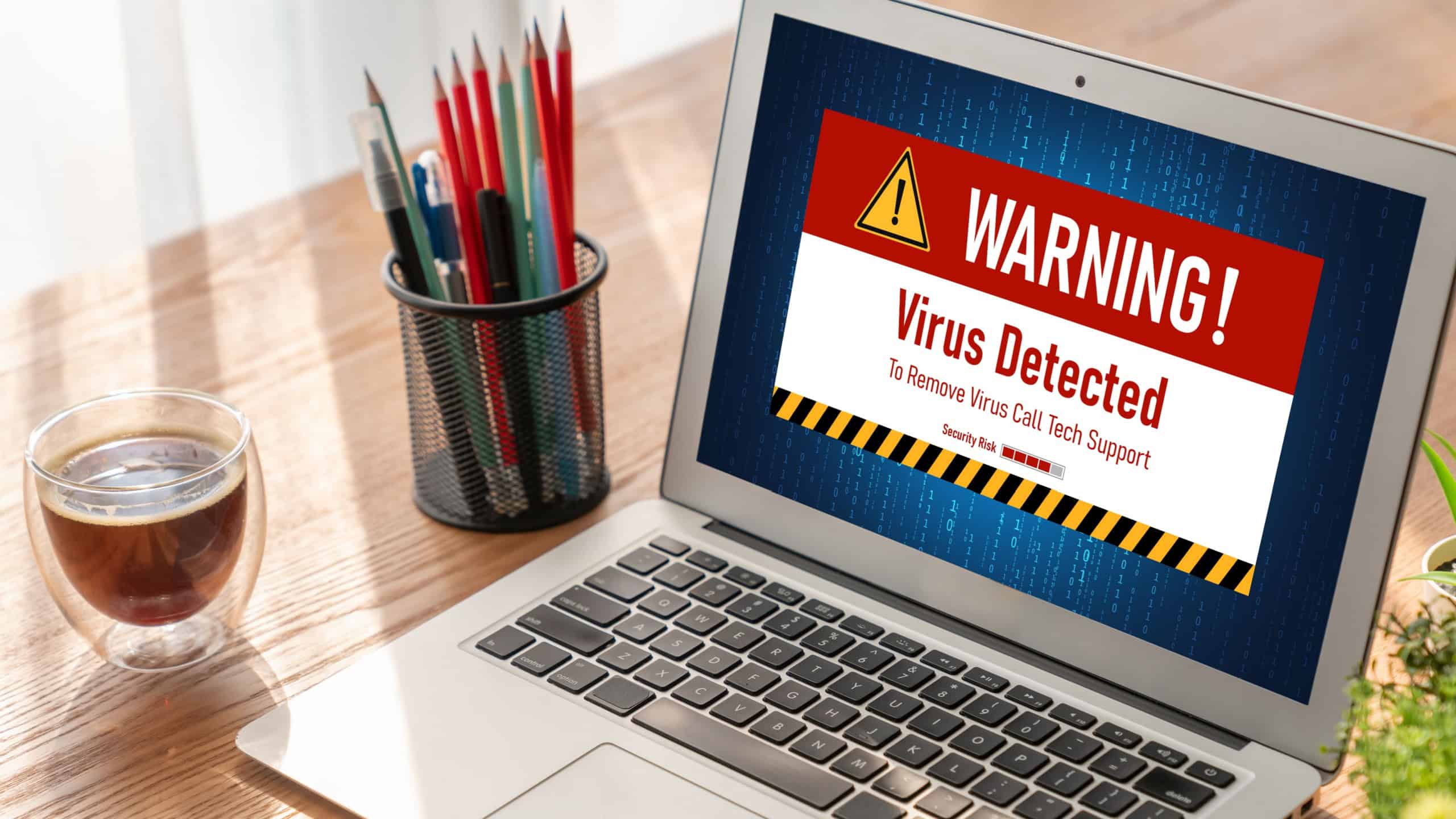 Virus warning alert on computer screen detected modish cyber threat , hacker, computer virus and malware