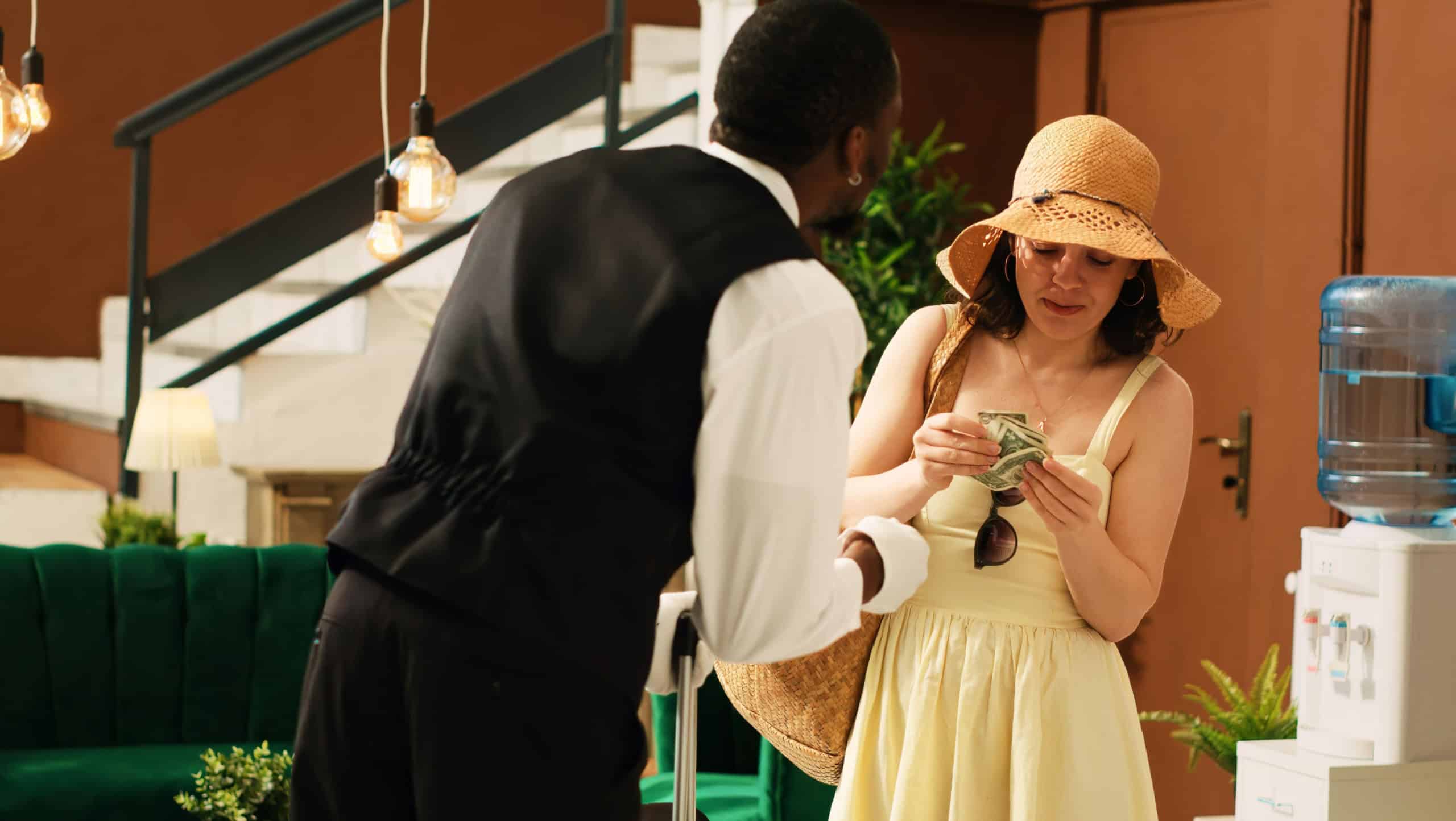 Couple giving cash tip to bellboy, receiving luxury concierge service with employee carrying baggage and trolley bags. Hotel guests paying money to male worker in lobby. Handheld shot.