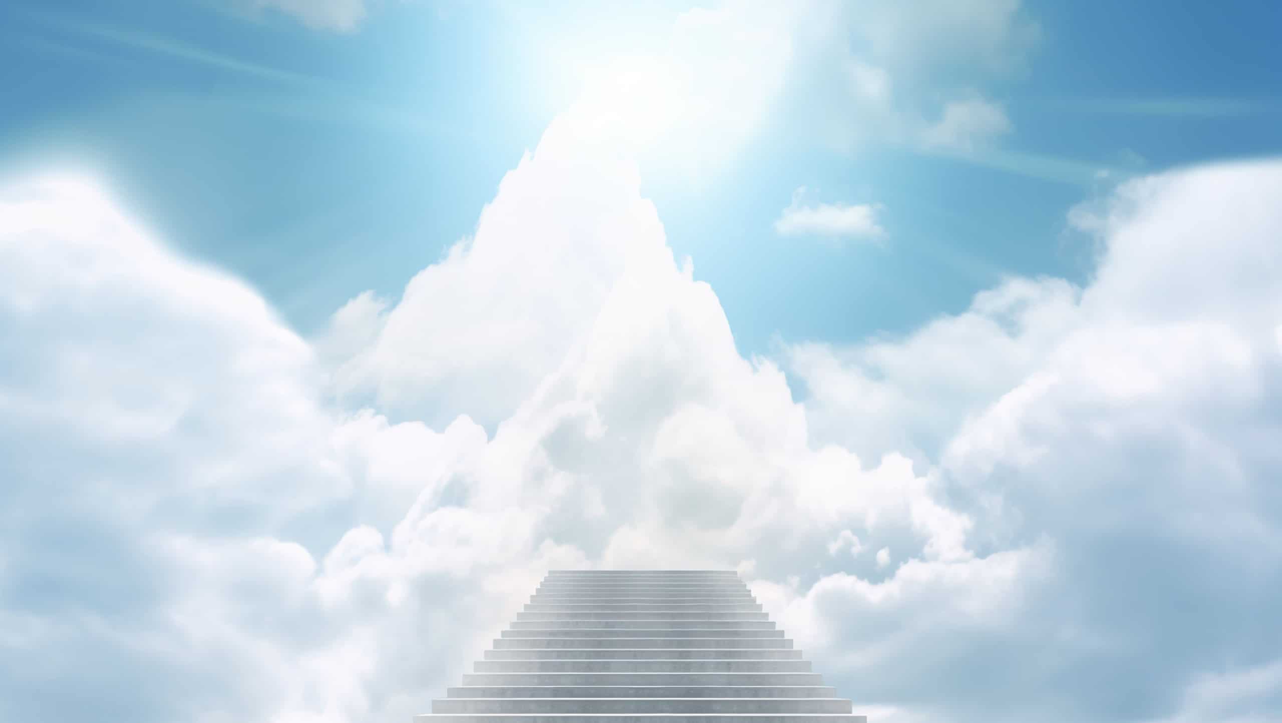 A staircase extending into the sky with clouds above and a bright light against a white background
