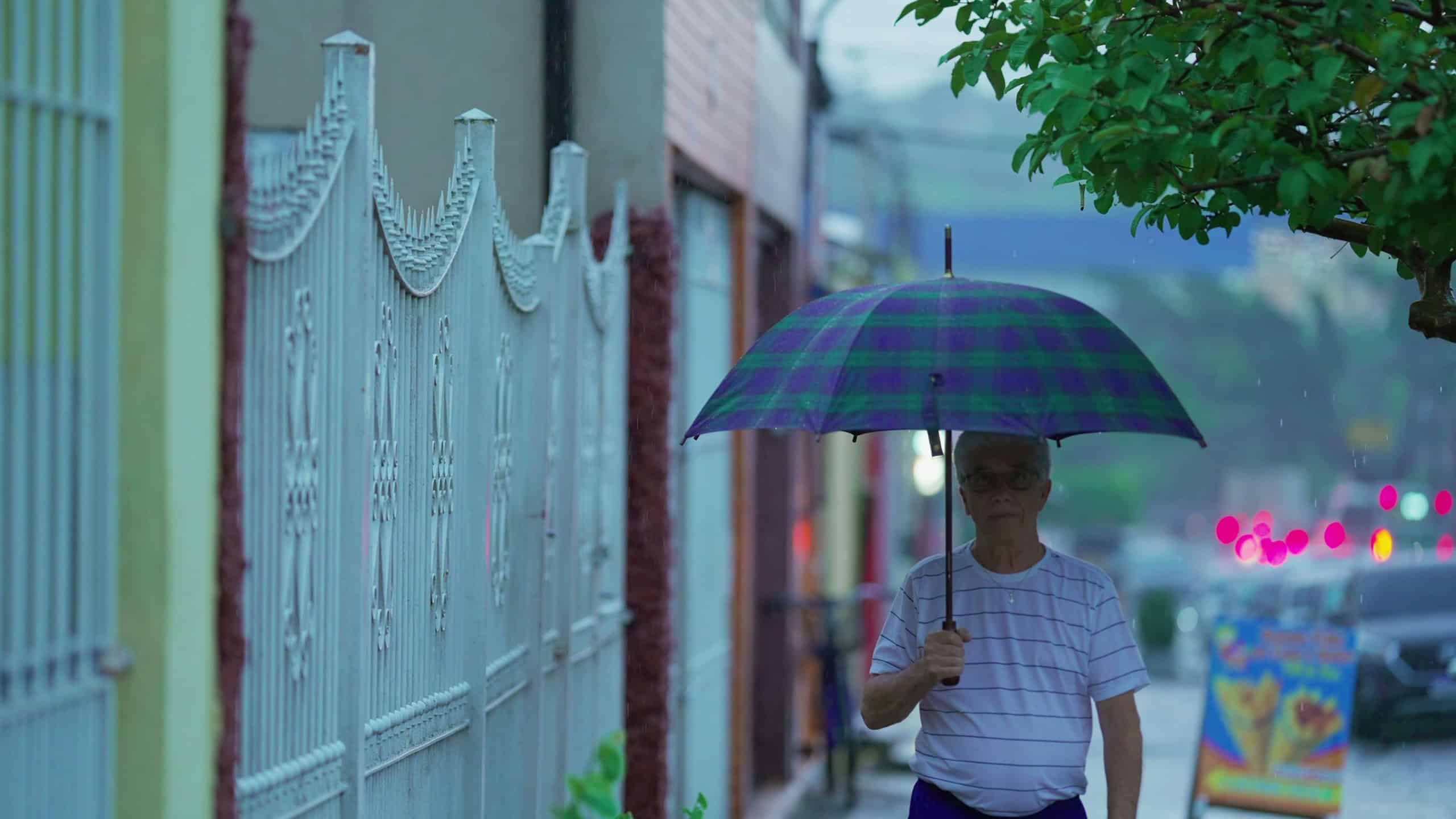 Senior person walking in street in the rain, holding umbrella