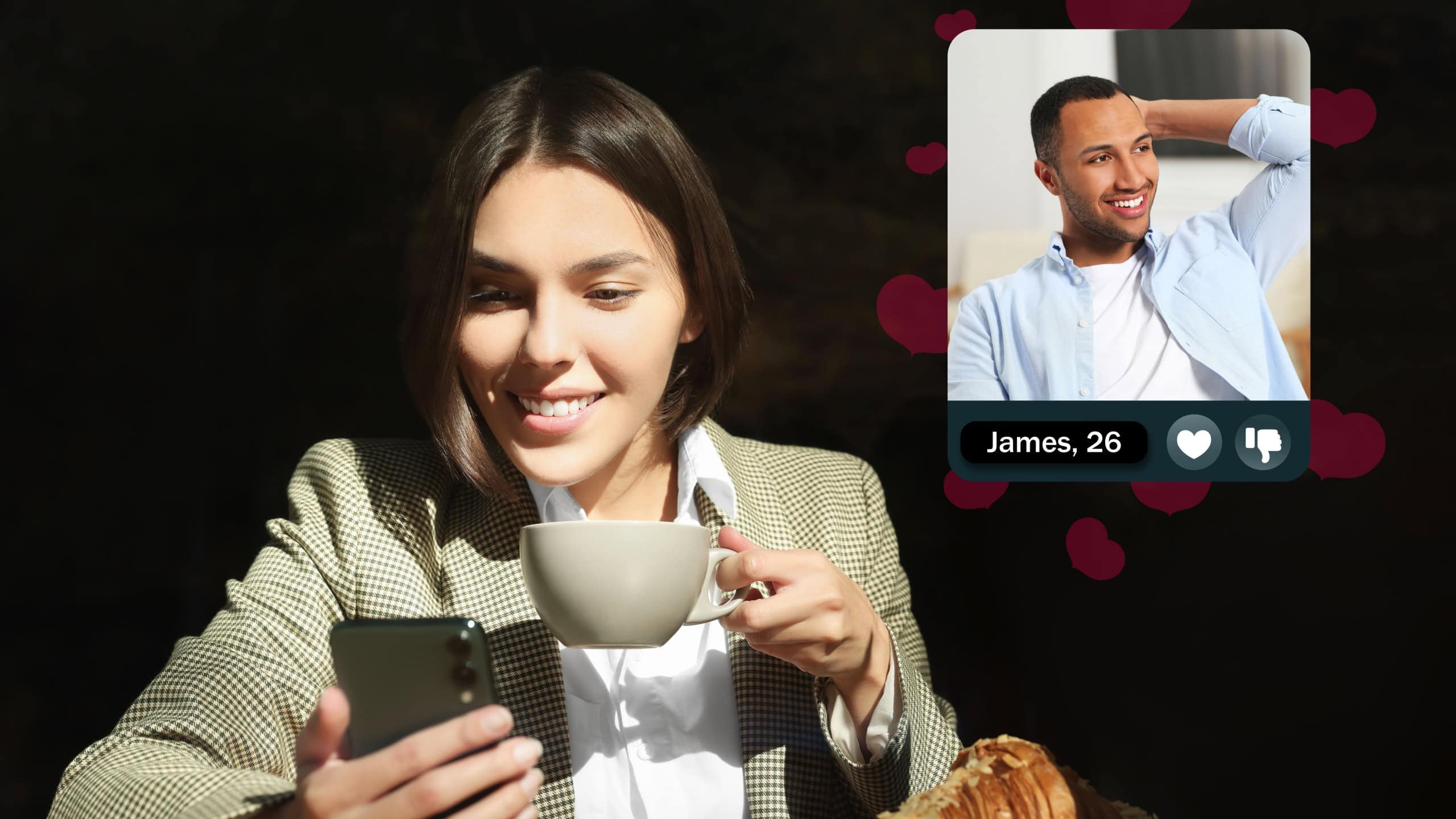 Smiling woman looking for partner via dating site in cafe. Profile photo of man, information and icons