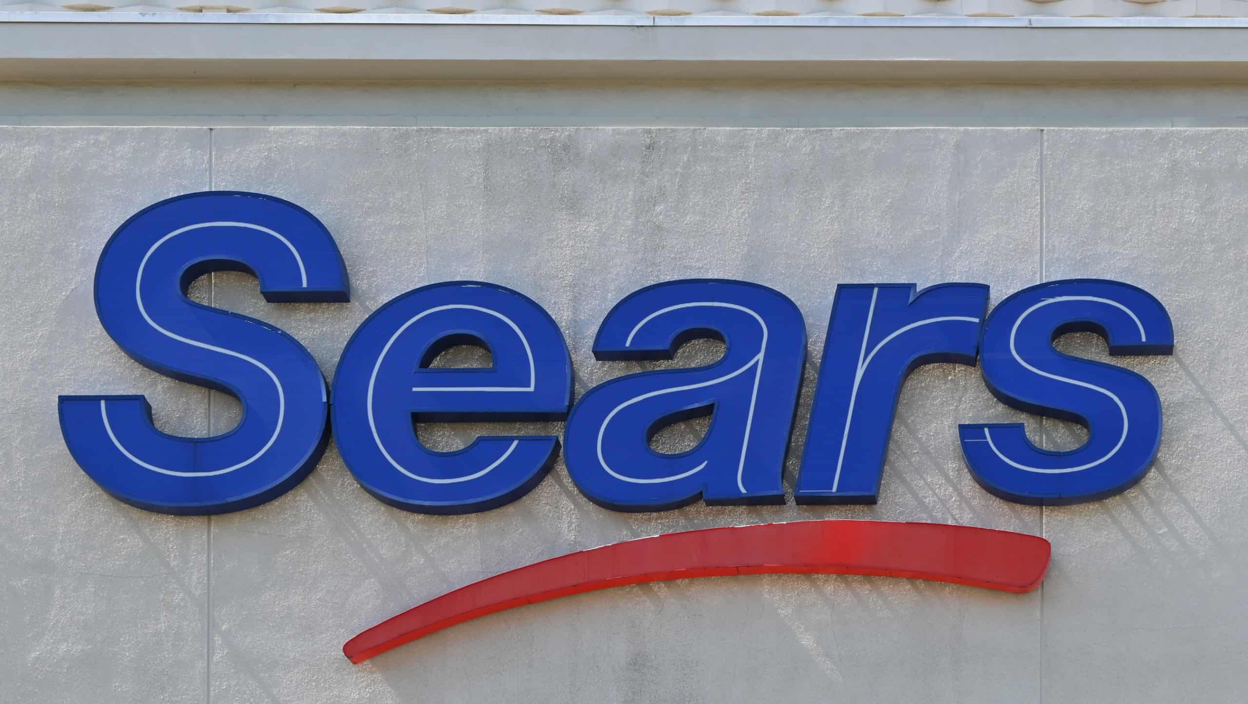 WHITTIER, CALIFORNIA - 28 APR 2024: Closeup of the Sears Sign on the Department Sorore in Whitwood Town Center.