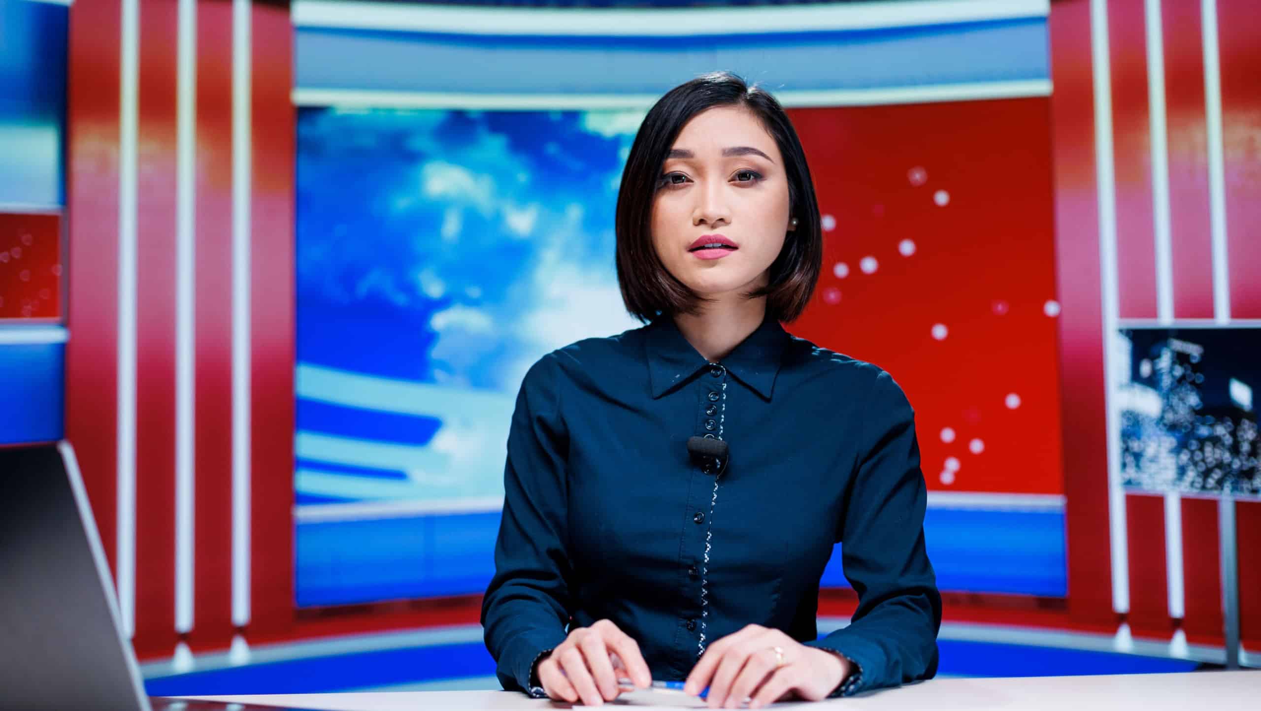News anchor talking about politics on live broadcast show, presenting daily events and entertainment reportage. Asian newscaster covering all important stories, television network.