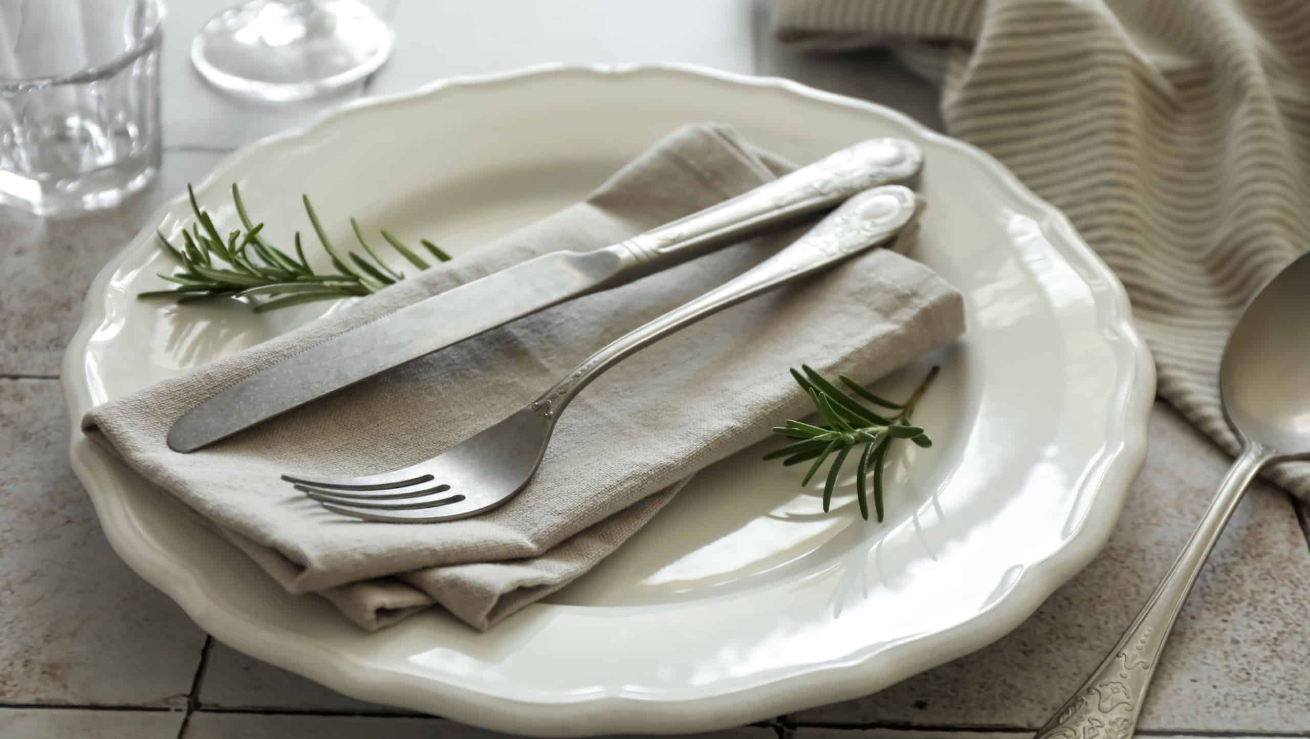 Stylish setting with cutlery, napkin, rosemary and plate on light tiled table, closeup