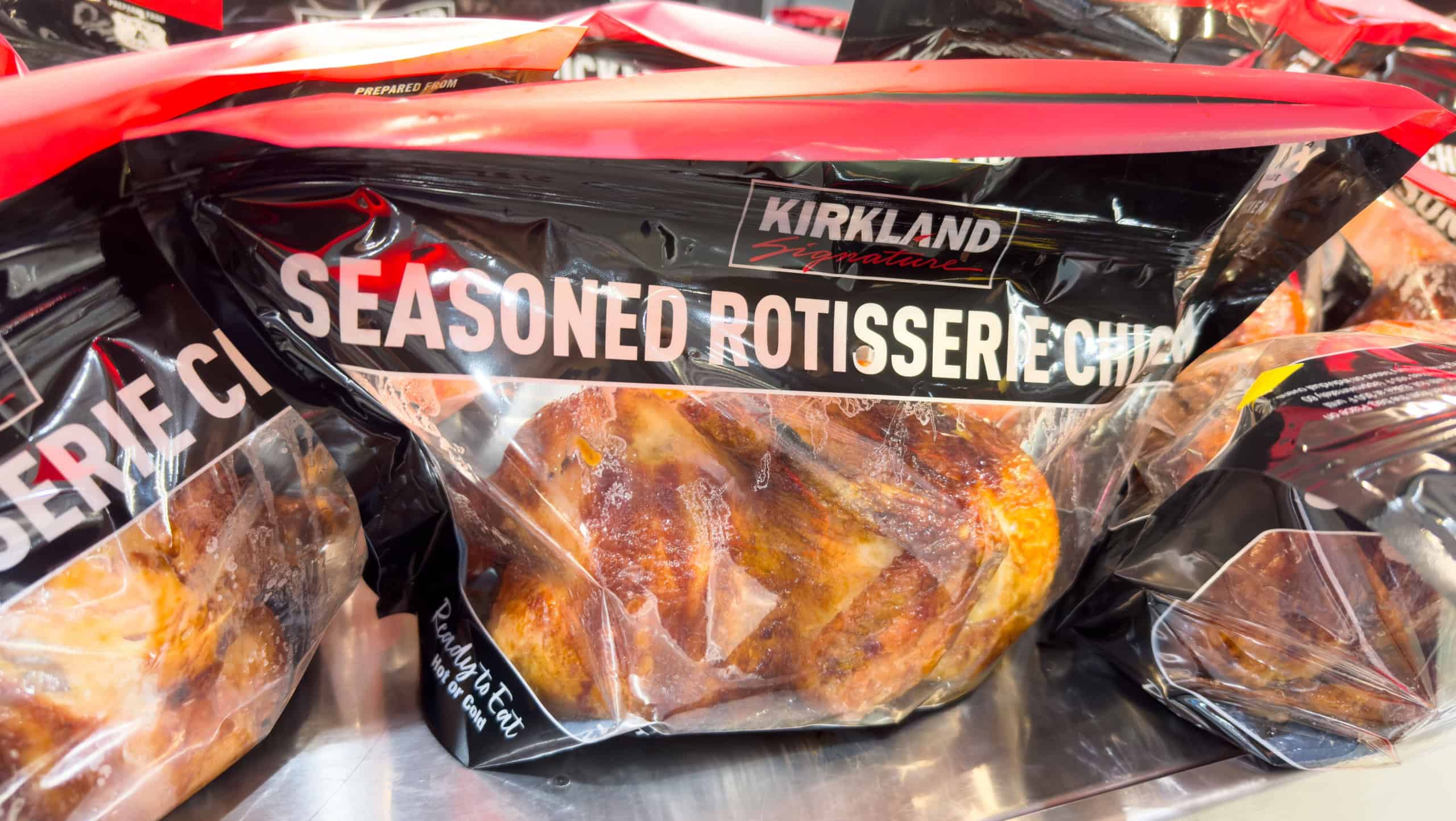 Los Angeles, CA - September 25, 2024: Costco warehouse rotisserie chicken in a bag on display at local club.