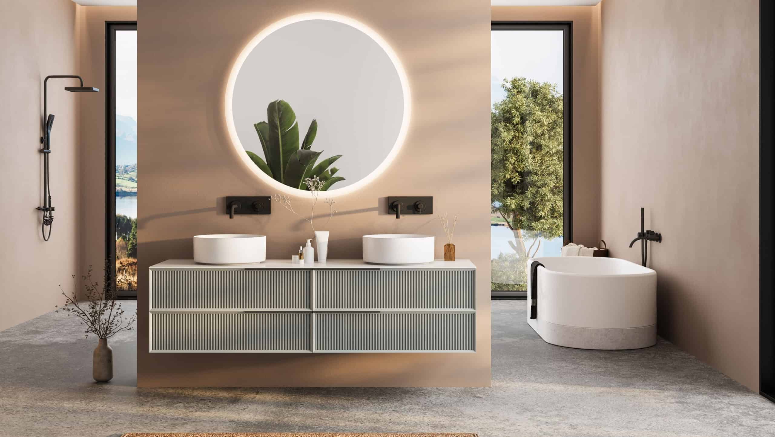 Modern minimalist bathroom interior, modern bathroom cabinet, white sink, wooden vanity, interior plants, bathroom accessories, bathtub and shower, white and beige walls, concrete floor.