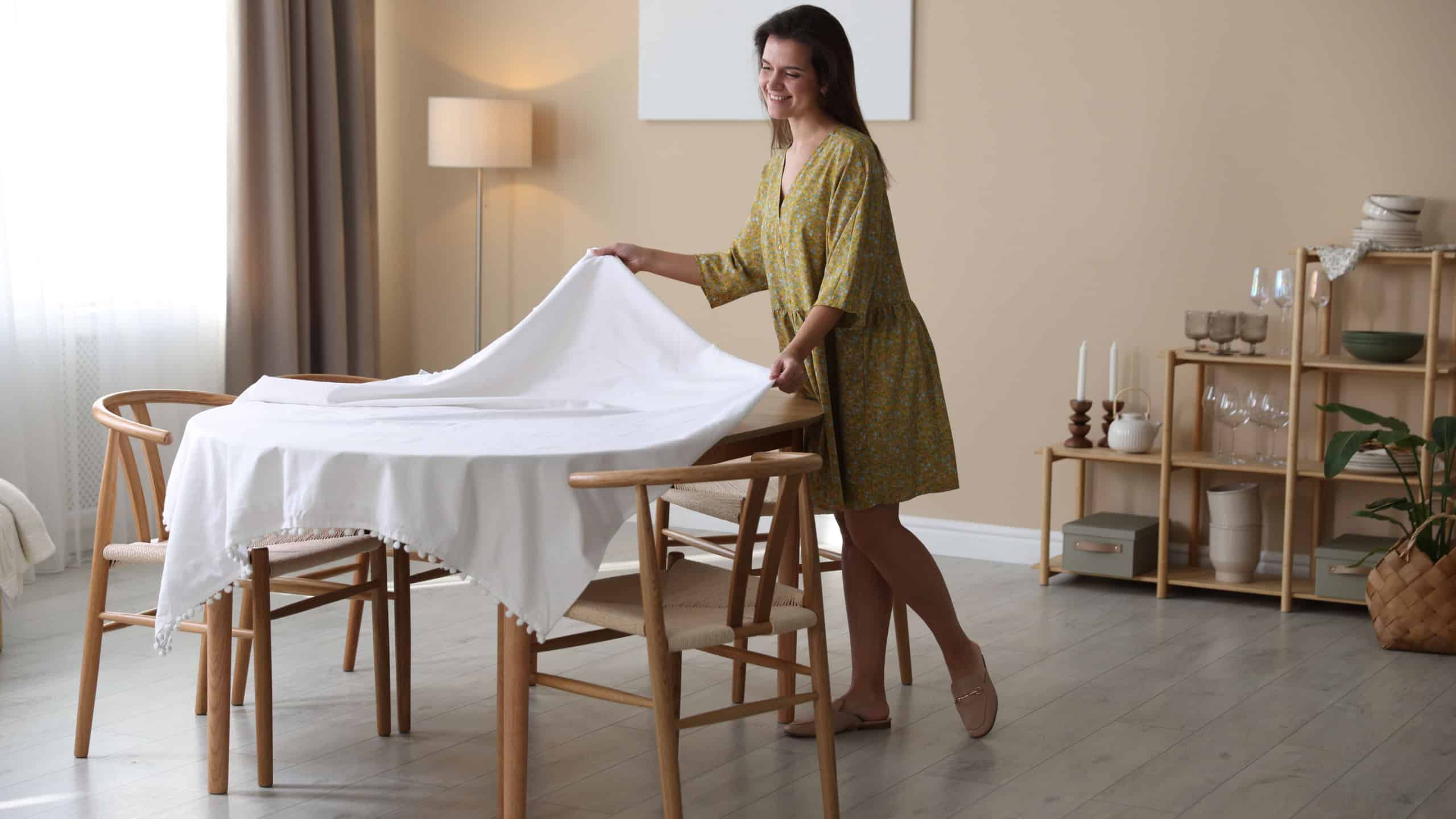 Woman laying tablecloth on table at home