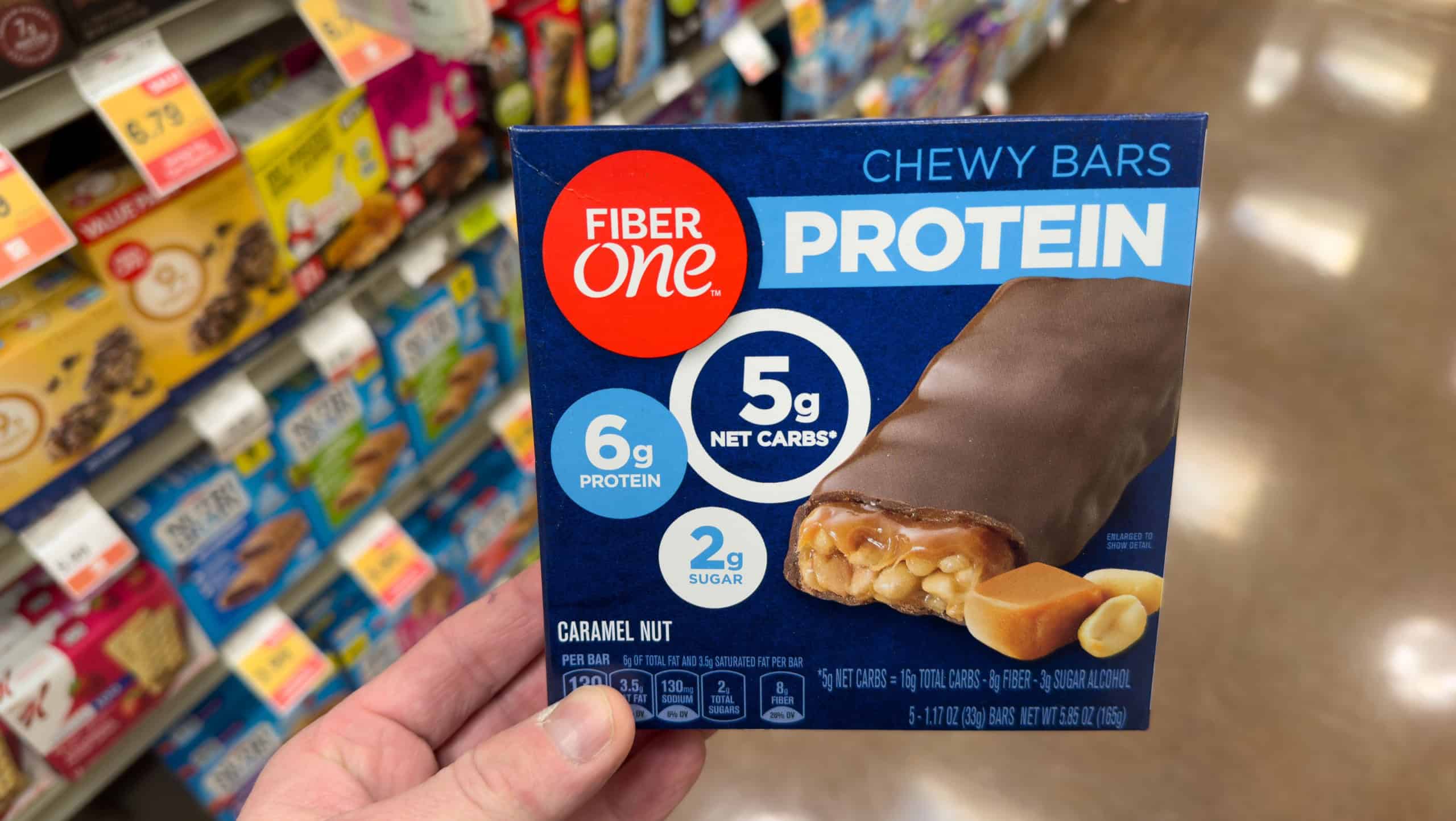 Los Angeles, CA - March 16, 2025: Pack of Fiber One chewy protein bars. Caramel nut flavor.