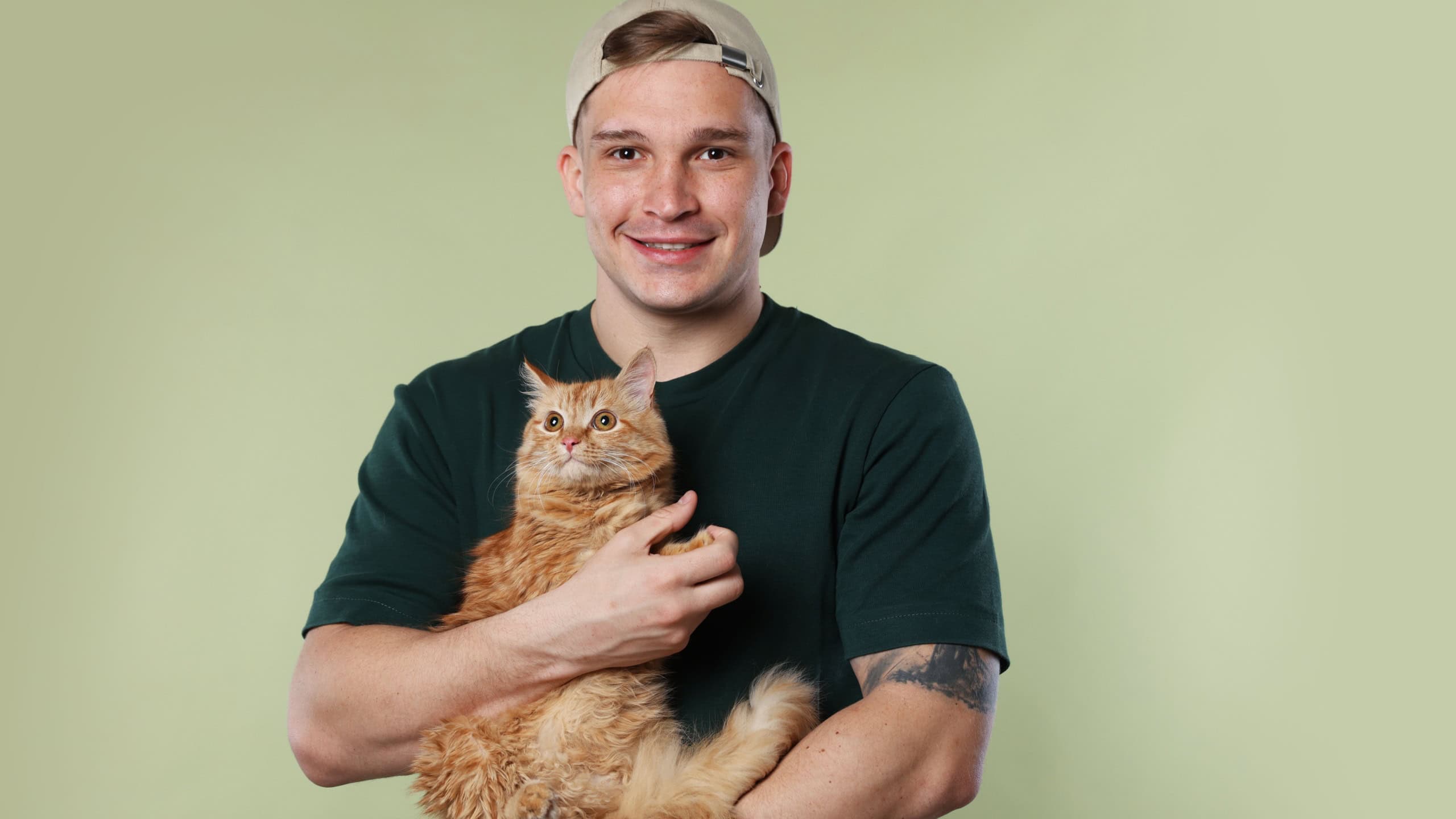 Man with cute ginger cat on light green background