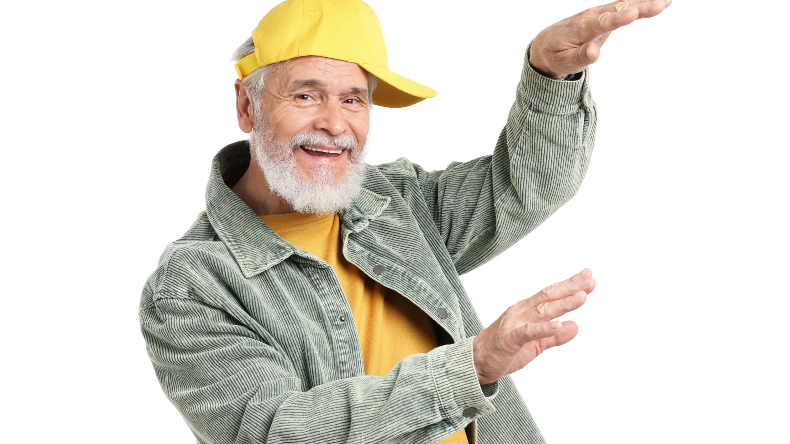 Elderly man in stylish outfit on white background