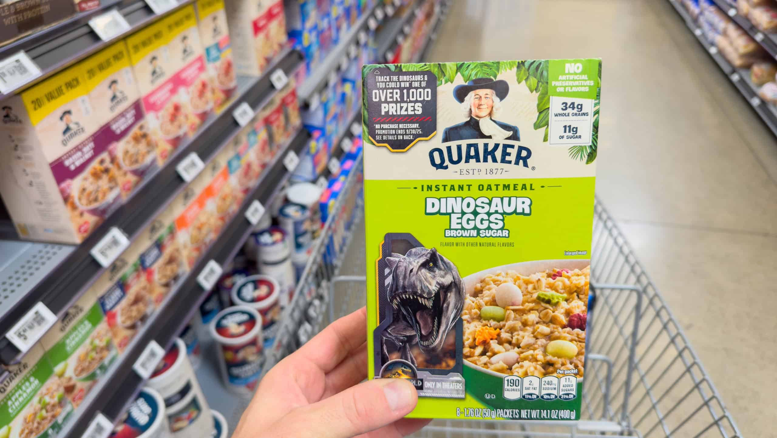 Los Angeles, CA - July 2, 2025: Quaker Dinosaur Eggs Instant Oatmeal Box in Grocery Aisle.