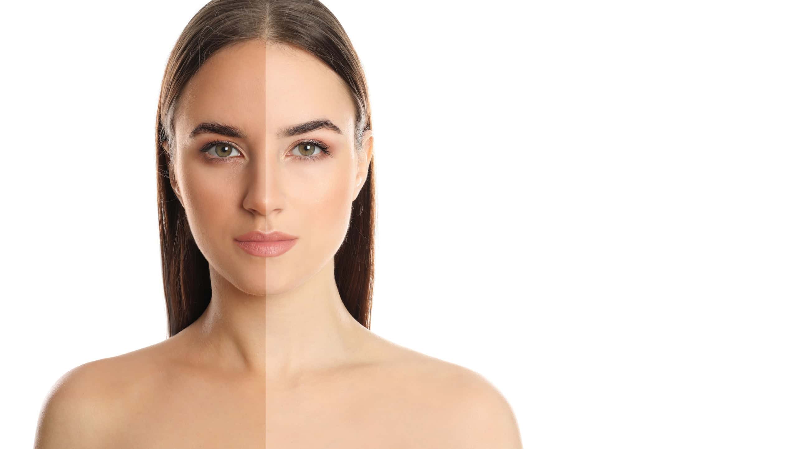 Before and after suntanning. Photo of woman divided into halves on white background, space for text