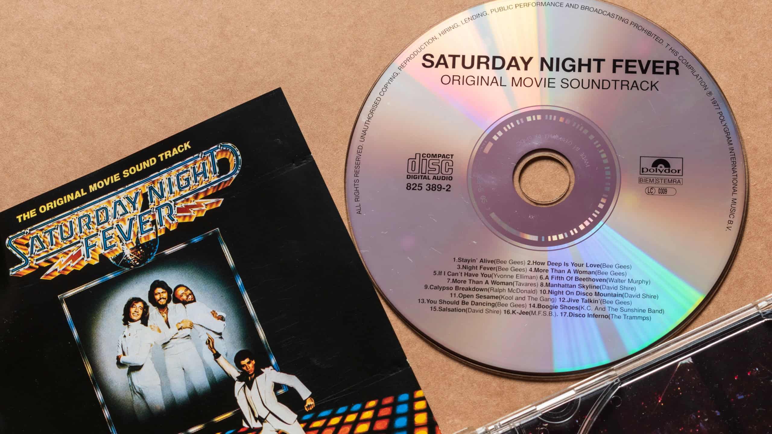 'Saturday Night Fever' original movie soundtrack album; compact disc with cover; isolated on light plain background
