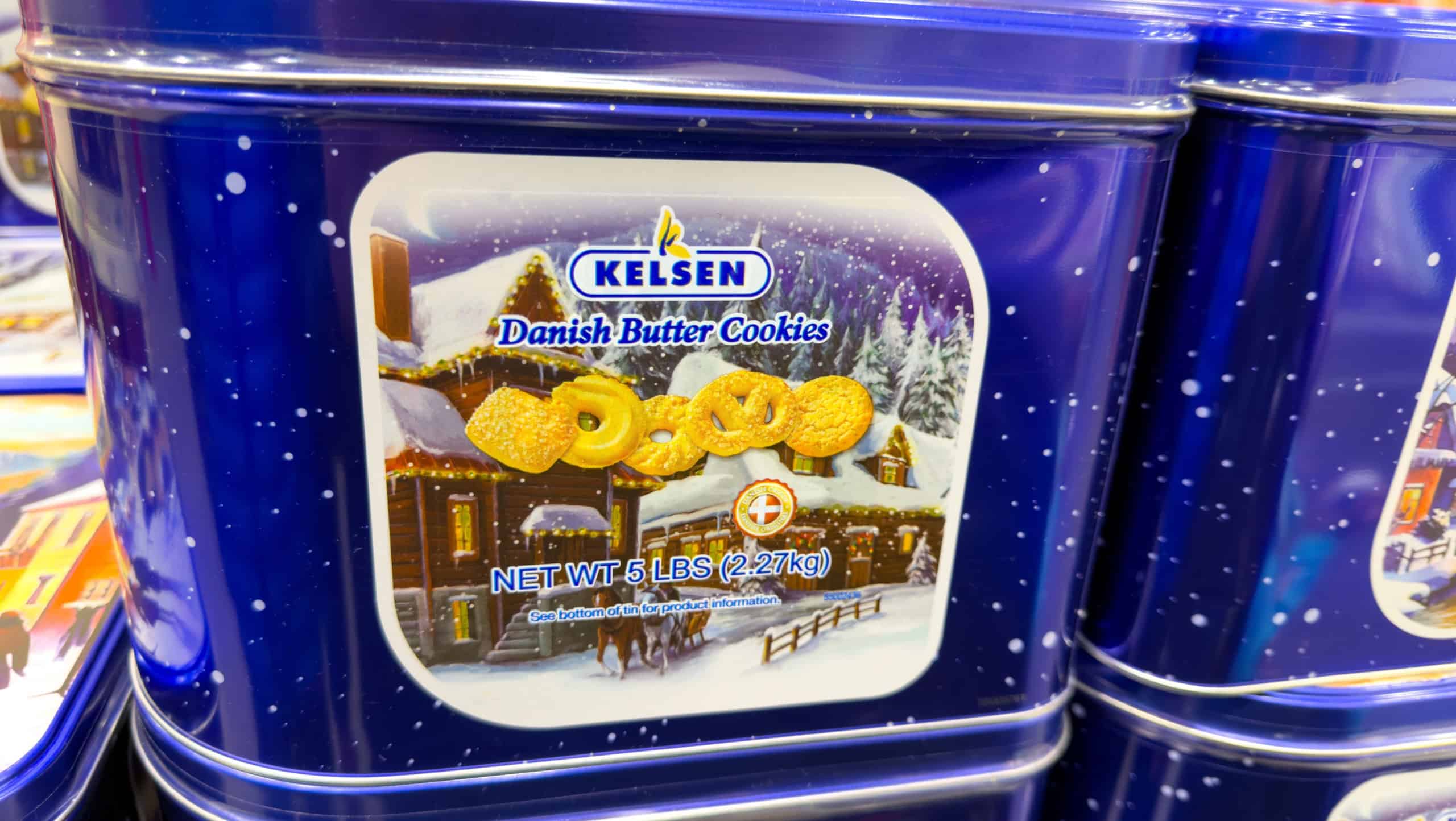 San Jose, CA - December 7, 2025: Kelsen Danish Butter Cookies Tin Display at Costco.