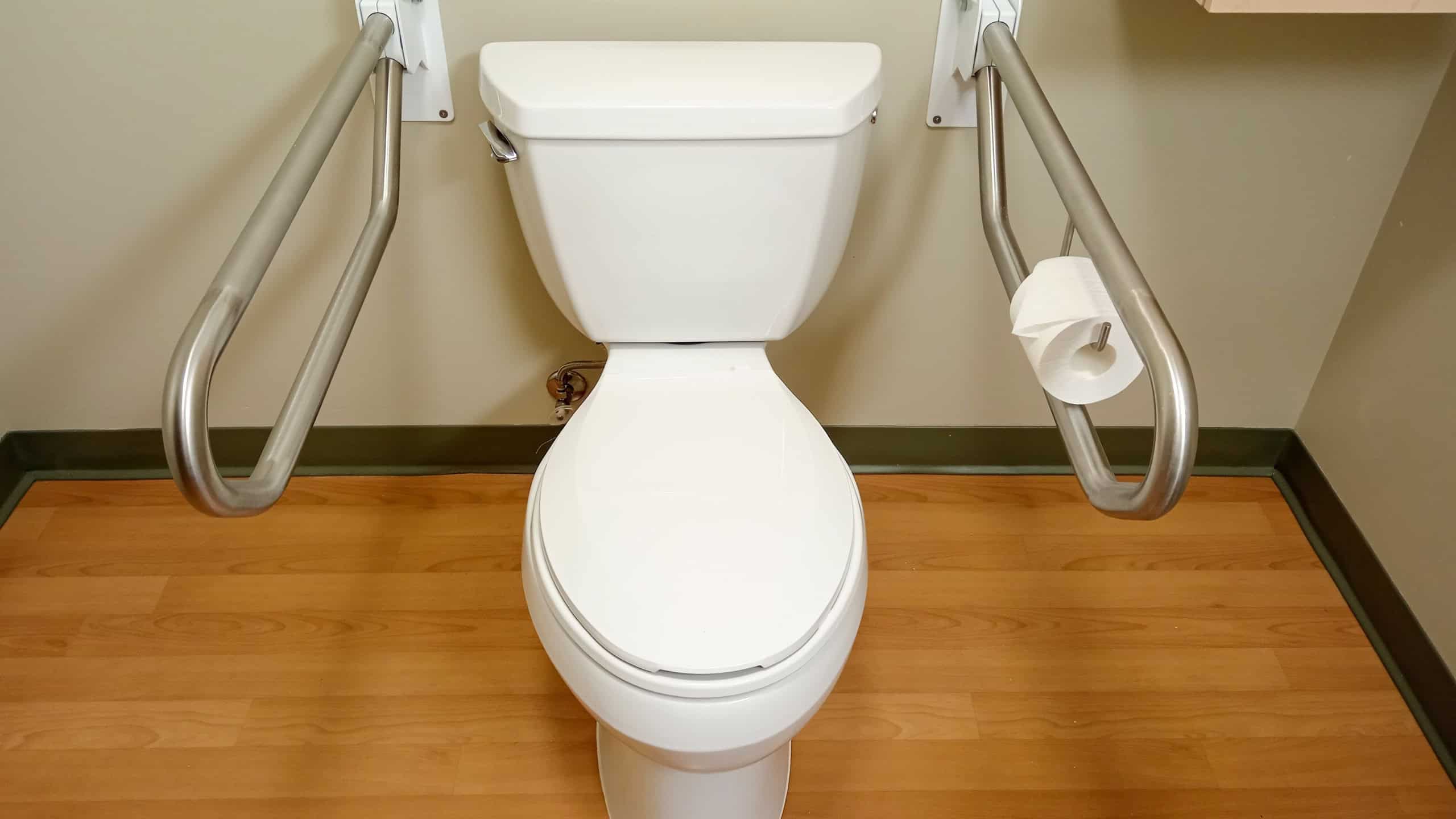 Interior bathroom featuring toilet with safety grab bar rails for wheelchair access in nursing care home for senior with disability.