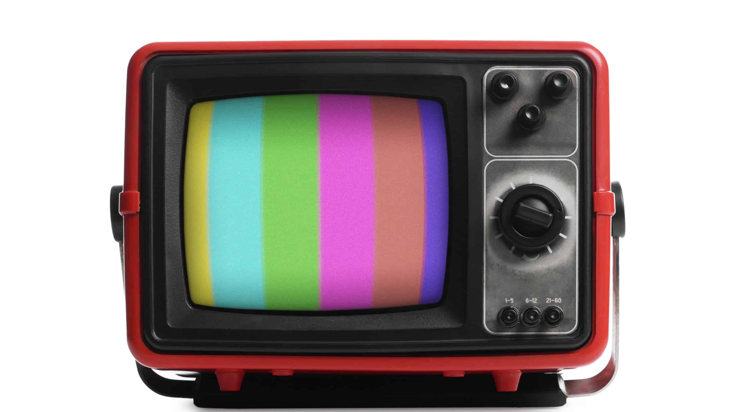 Old TV with color bars test card on screen. White background