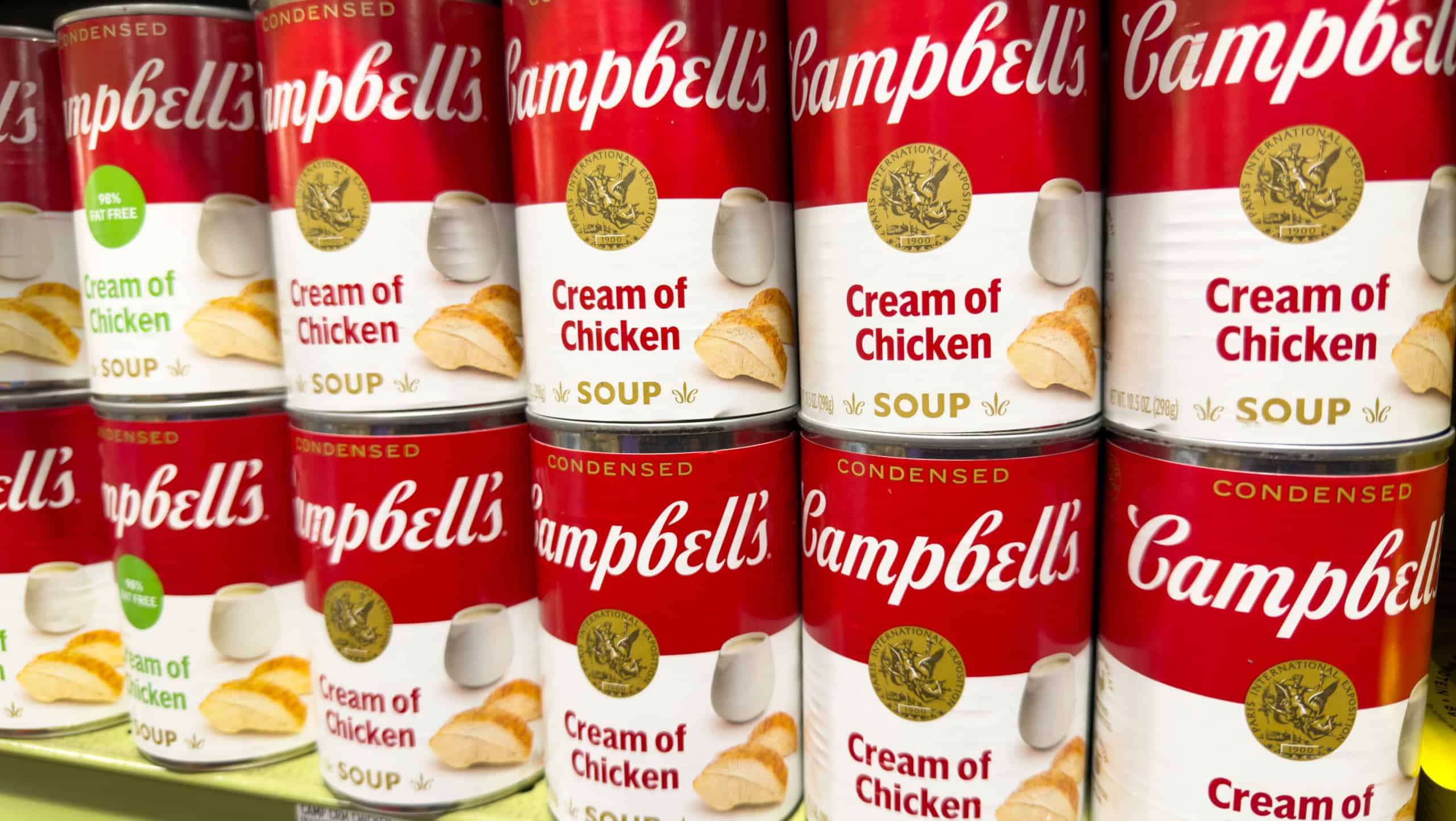 Los Angeles, CA - January 9, 2026: Campbells Cream Of Chicken Condensed Soup Cans On Grocery Store Shelf.