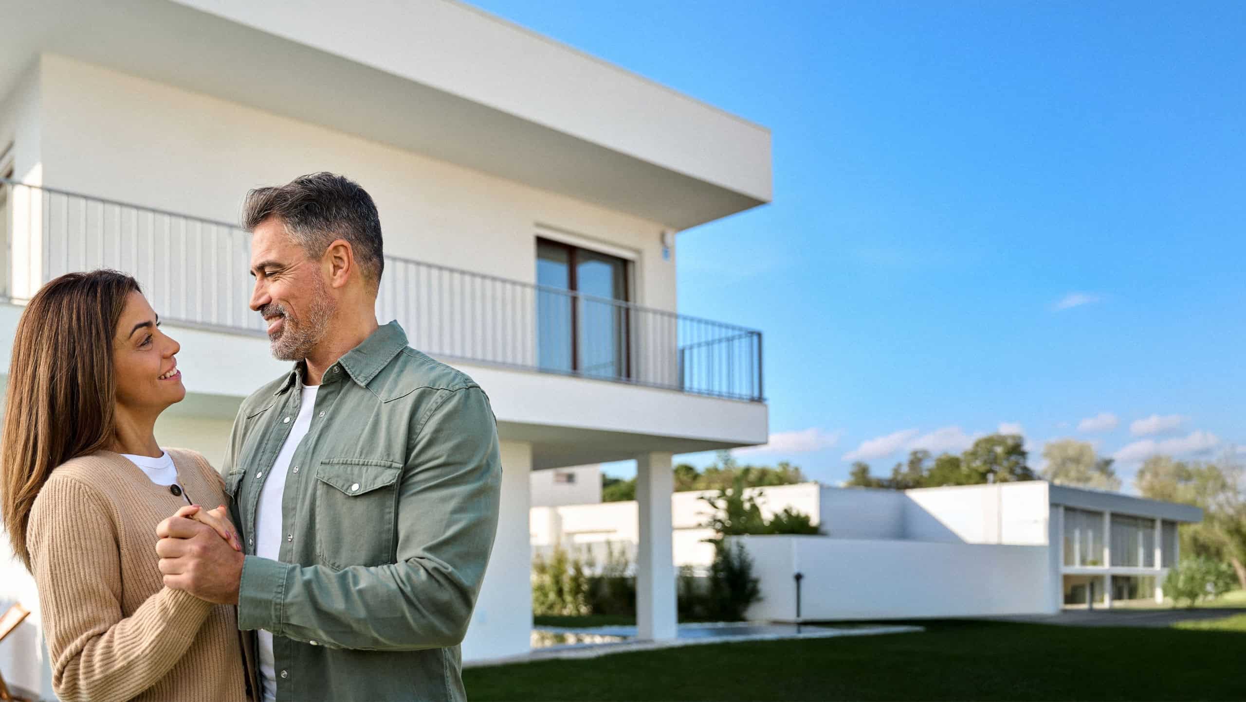 Happy smiling older family couple new property buyers modern villa owners standing outside house, affectionate middle aged man and woman in love hugging outdoors. Vacation home rentals.