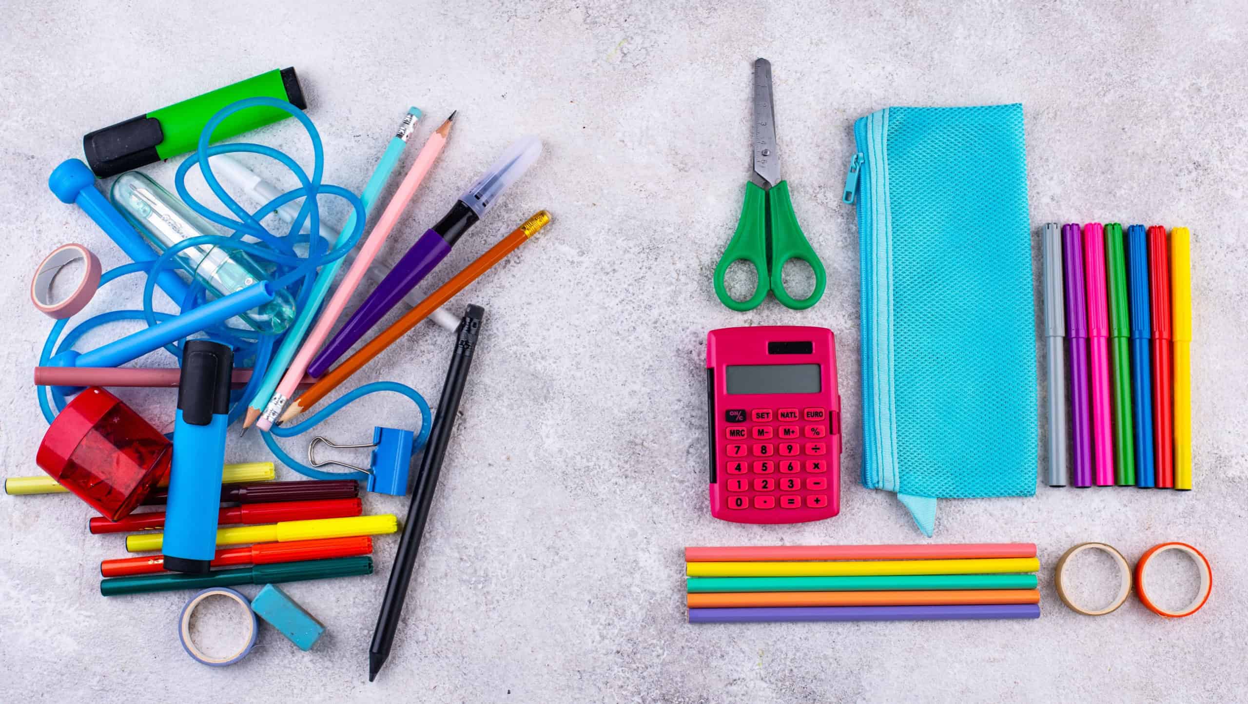 Decluttering concept. Stationery organization on work desk