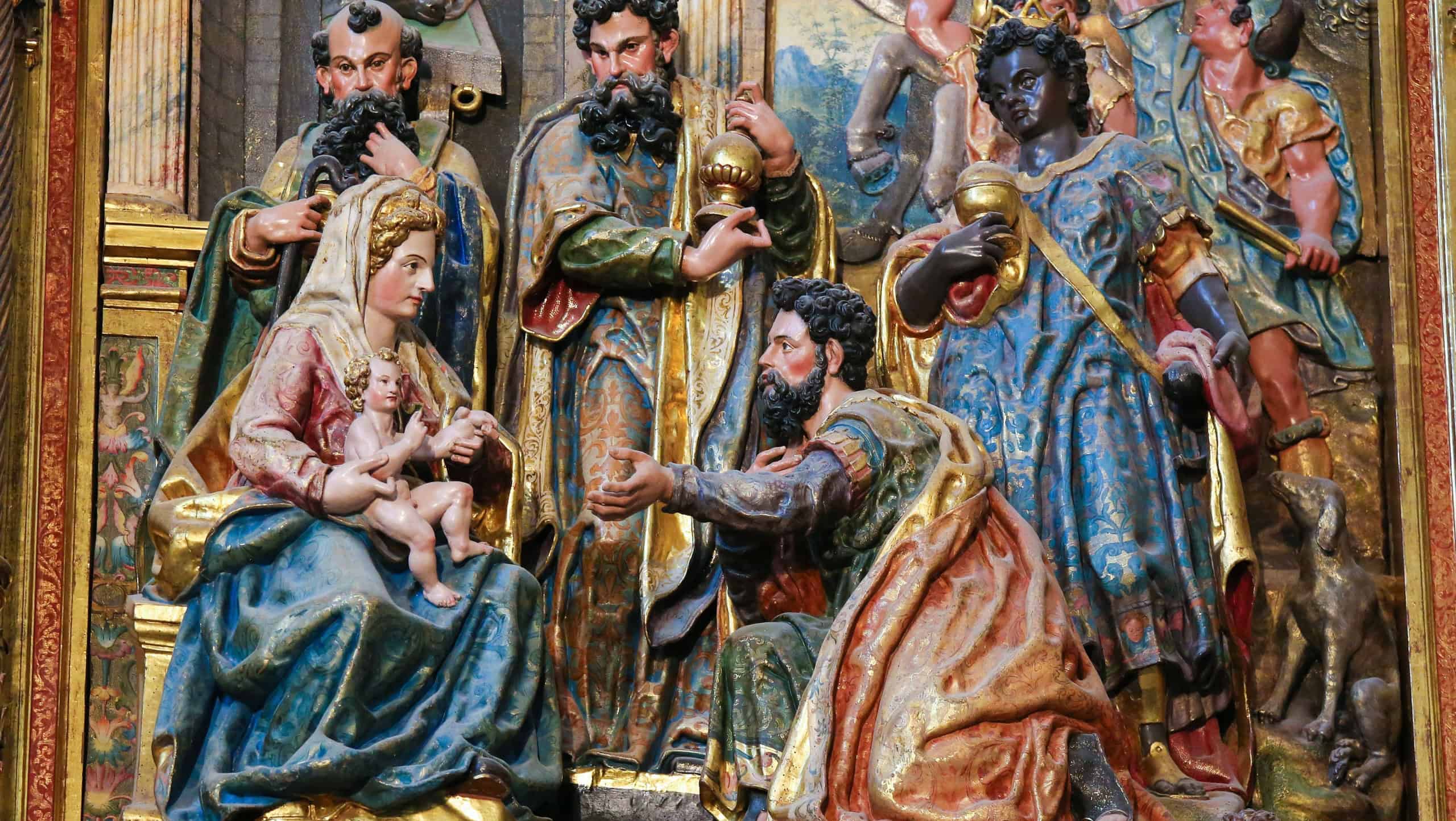 BURGOS, SPAIN - AUGUST 13, 2014: Sculpture depicting the Epiphany or Adoration of the Magi in the Cathedral of Burgos, Castille, Spain