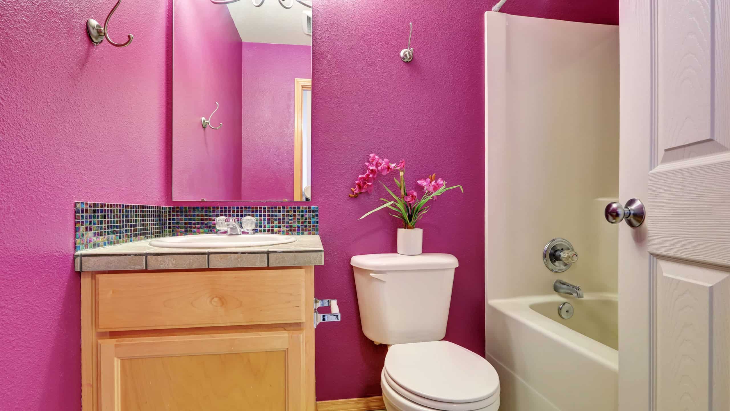 Small bathroom interior with hot pink walls.